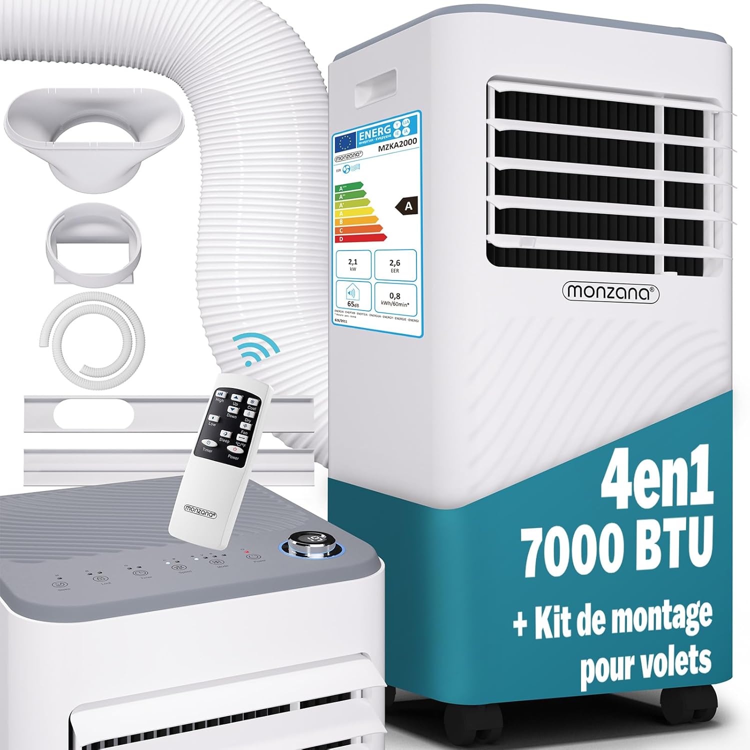 MONZANA® Climatiseur mobile MZKA2000 Tuyau d'évacuation 7000 BTU 4en1 750W 24h Timer Déshumidificateur Kit volet roulant