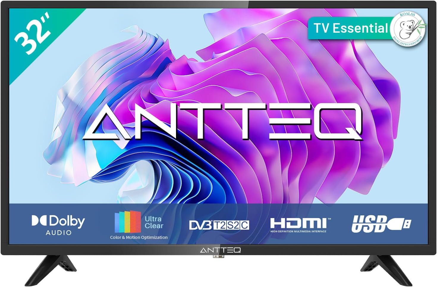 Antteq AB 32D1 Téléviseur 32 Pouces (TV 80 cm), Dolby Audio, LED, Triple Tuner DVB-C/T2/S2, CI+, HDMI, USB, Sortie Audio numérique, Mode Hôtel Inclus 2024