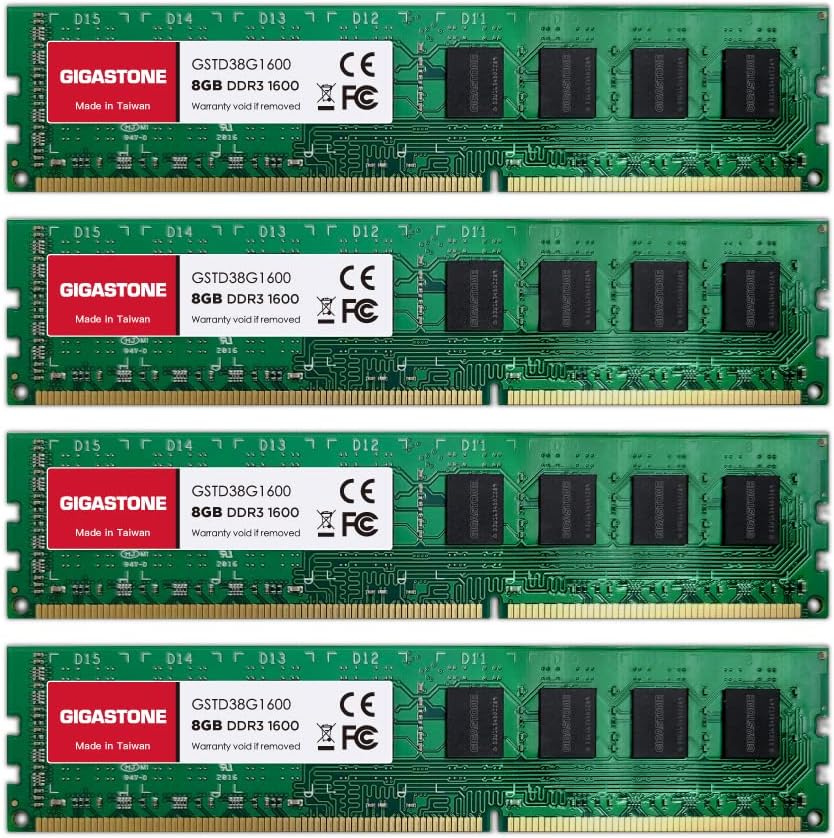 【DDR3 RAM】 Gigastone RAM de Bureau RAM 32Go (4x8Go) DDR3 32Go DDR3-1600MHz PC3-12800 Unbuffered Non-ECC 1.5V CL11 UDIMM 240-Pin Mémoire RAM pour Ordinateur de Bureau (Ordinateur de Bureau Uniquement)