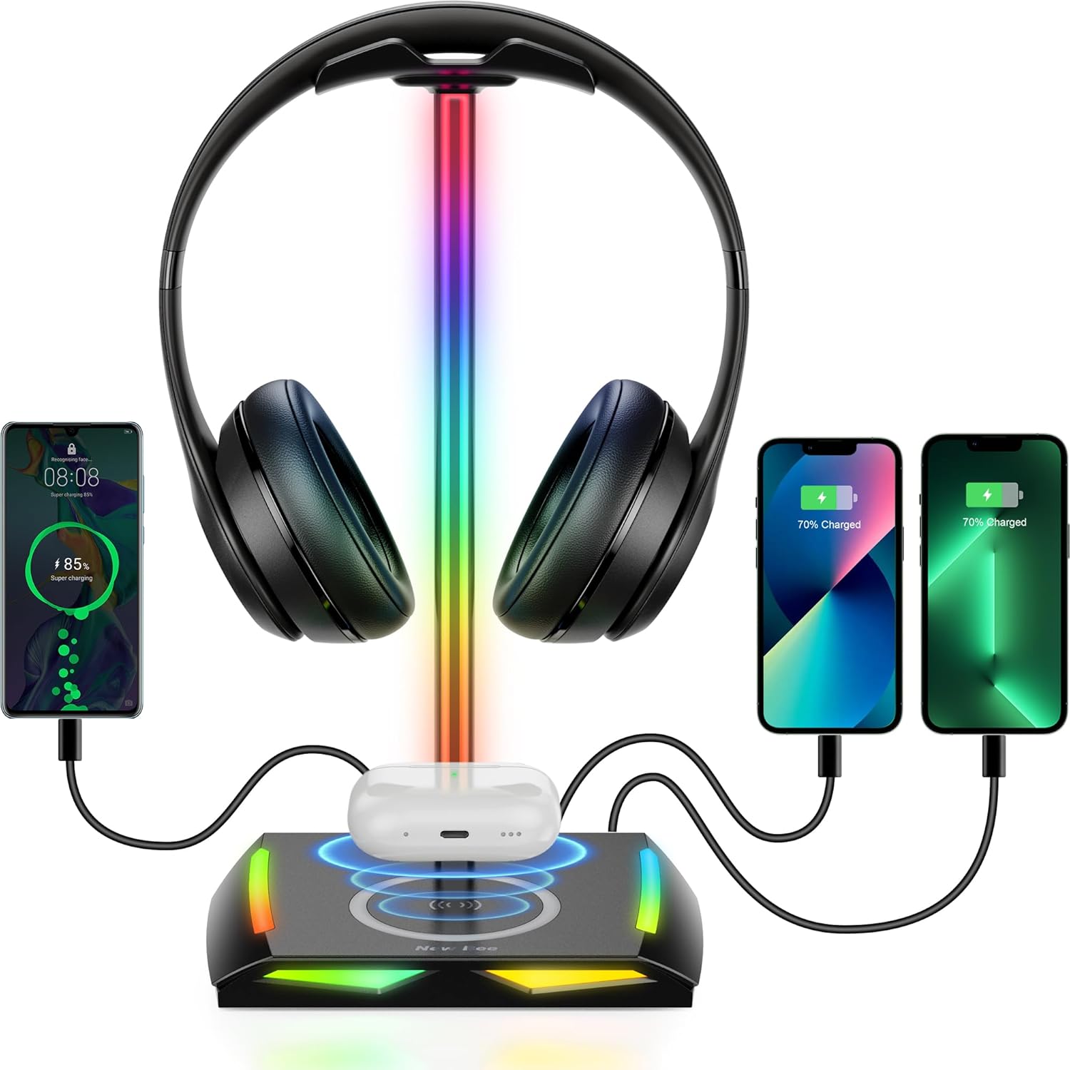 New bee Support Casque de Gaming PC et Chargeur sans Fil, Porte Casque Gamer RGB Wireless Charge avec 2*Type-C 1*USB Stand Transmission de Données Casque Noir