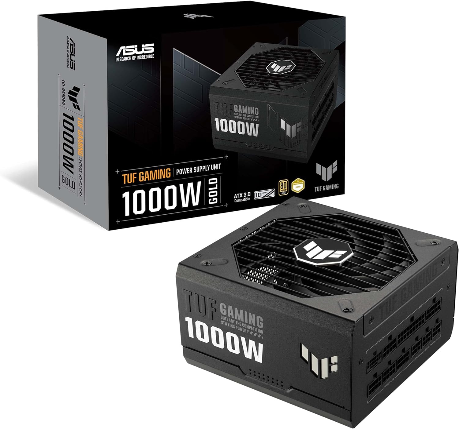 ASUS TUF GAMING 1000W Gold – Bloc d'alimentation PC (1000 Watt, modulable, 80+ Gold, ATX 3.0 compatible, Ventilateurs axiaux à double roulement à billes, Revêtement protecteur PCB)