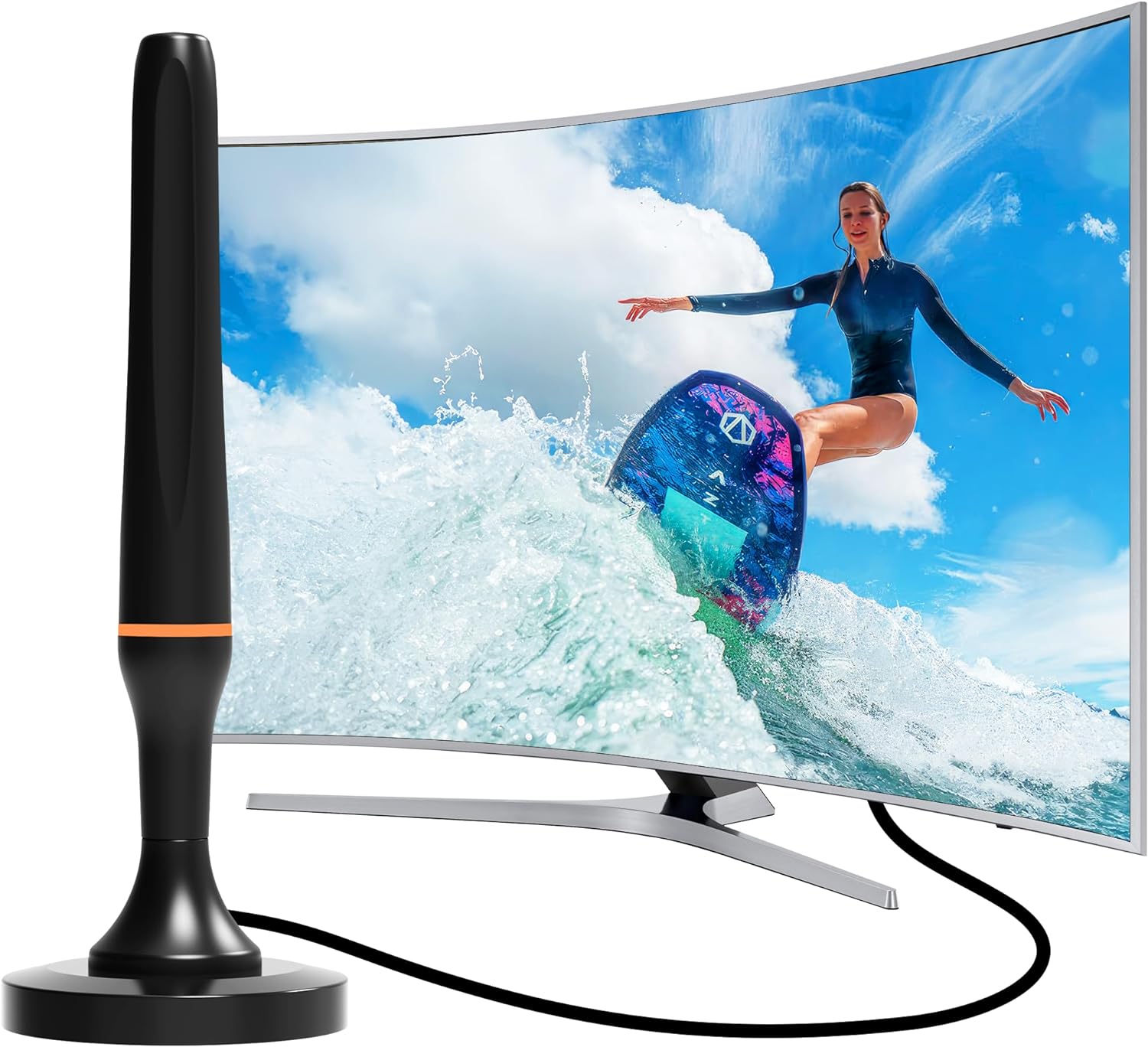 Antenne TV intérieur TNT HD Puissante, Antenne TV Intérieure avec amplificateur, 420km Réception Super Longue 360° - Base magnétique Forte - Récepteur Télévision Numérique，TV USB