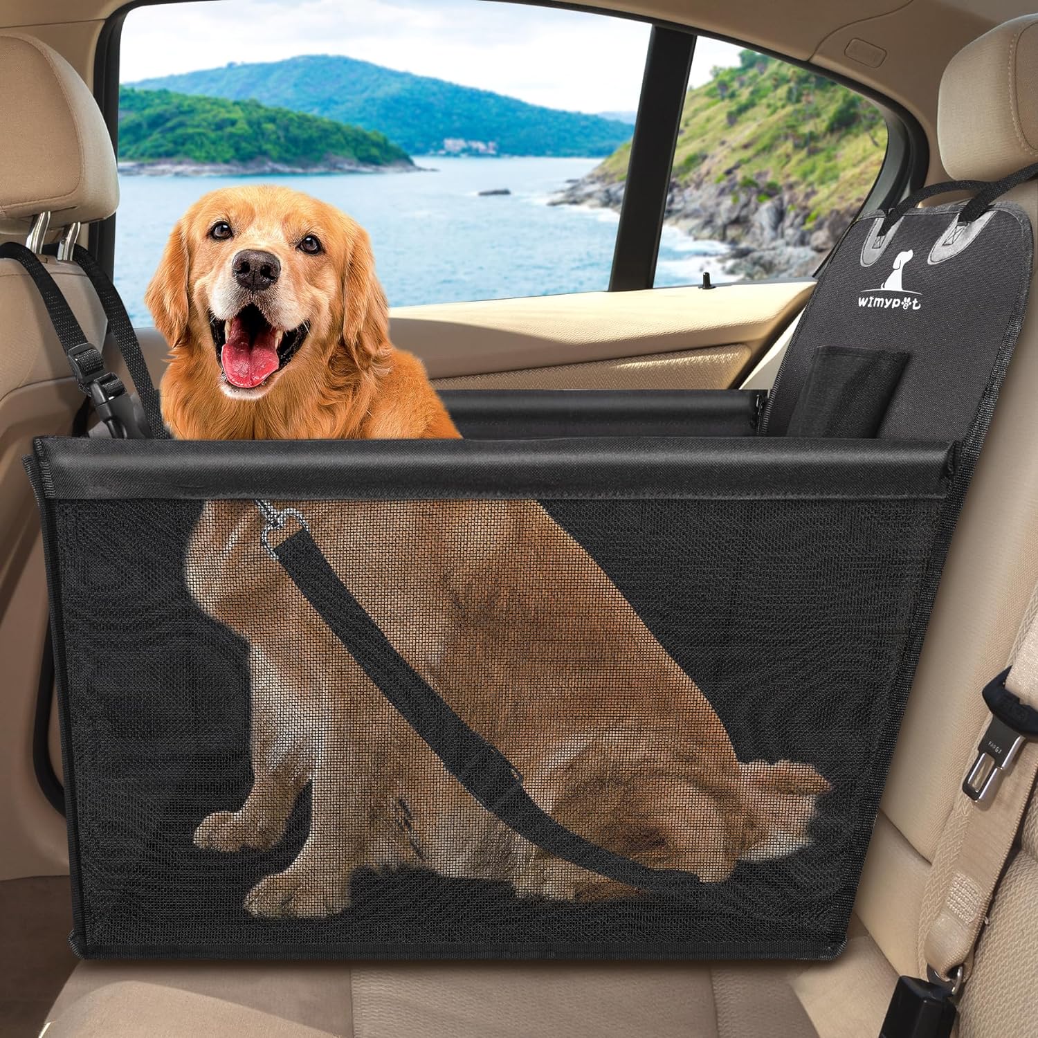 Wimypet Housse de Siège pour Chien Filet Respirant en PVC Siège Arrière de Voiture avec Ceinture de Sécurité Imperméable Hamac de Transport Chien Voiture Housse de rehausseur en Durable Oxford