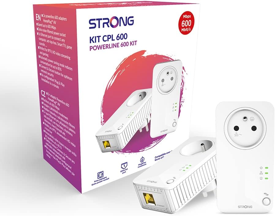 STRONG Pack de 2 Prises CPL 600 Mbps, Prise filtrée et Port Ethernet, Compatible boxs Internet, Idéal Multi TV, Streaming HD, Aucune Configuration, Prêt à l'emploi