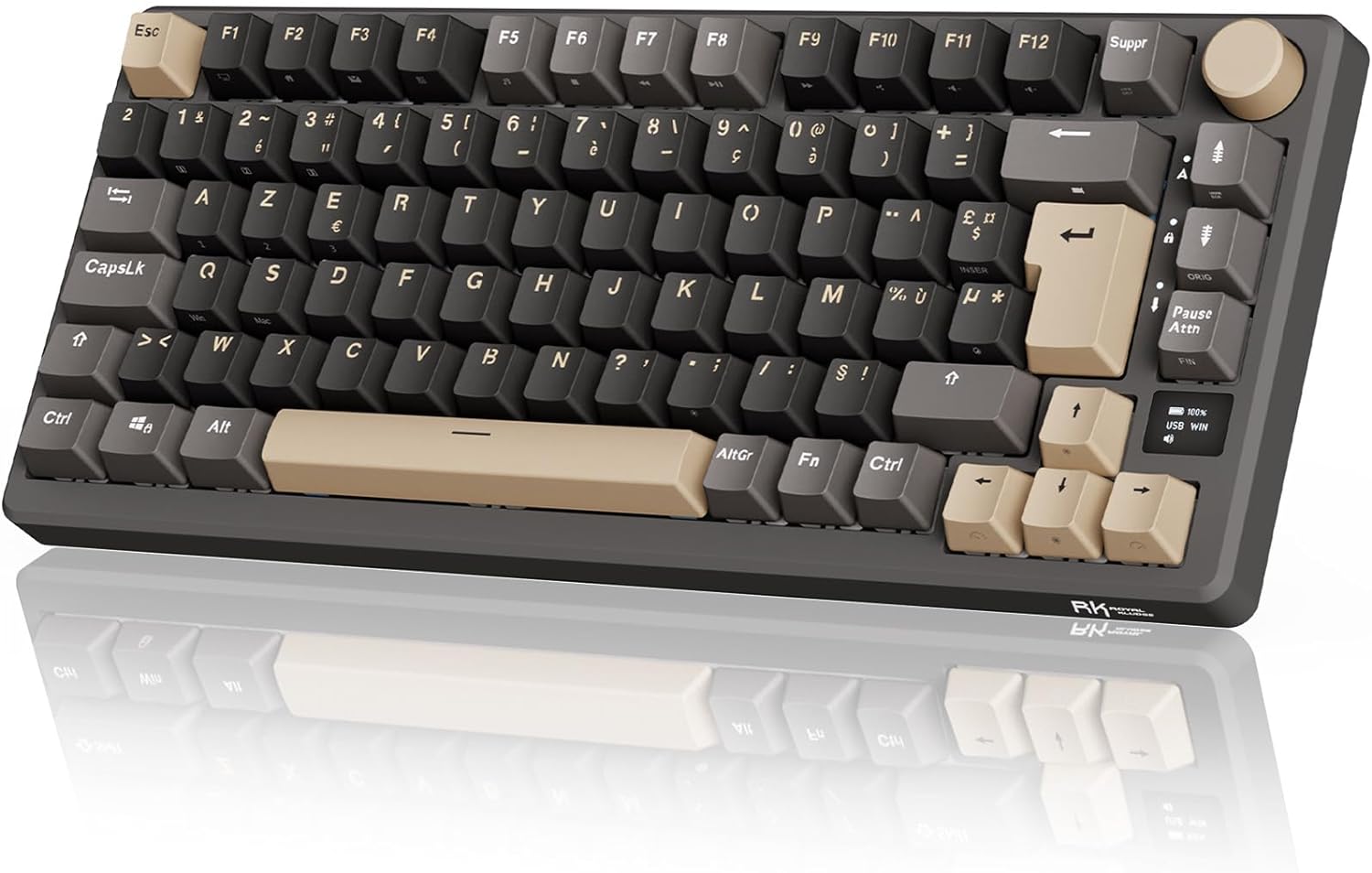 RK ROYAL KLUDGE M75 Clavier Mécanique sans Fil, Azerty BT5.0/2.4G/USB-C Compact 75% Clavier Gamer Mécanique avec écran Intelligent OLED et Bouton Rétroéclairage RVB, Interrupteur Marron, Grey