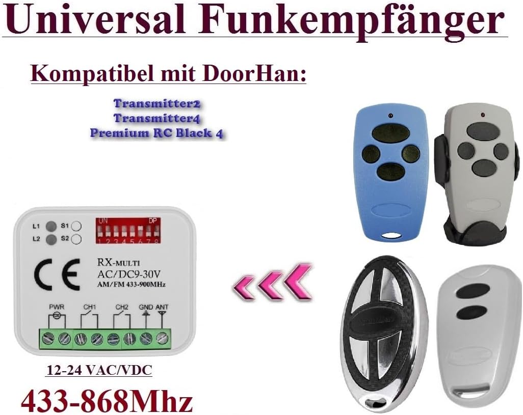 Récepteur universel compatible avec télécommande Doorhan 433,92 MHz 2 canaux 433-868 MHz Rolling/Fixed Code 12-24 VAC/DC Récepteur
