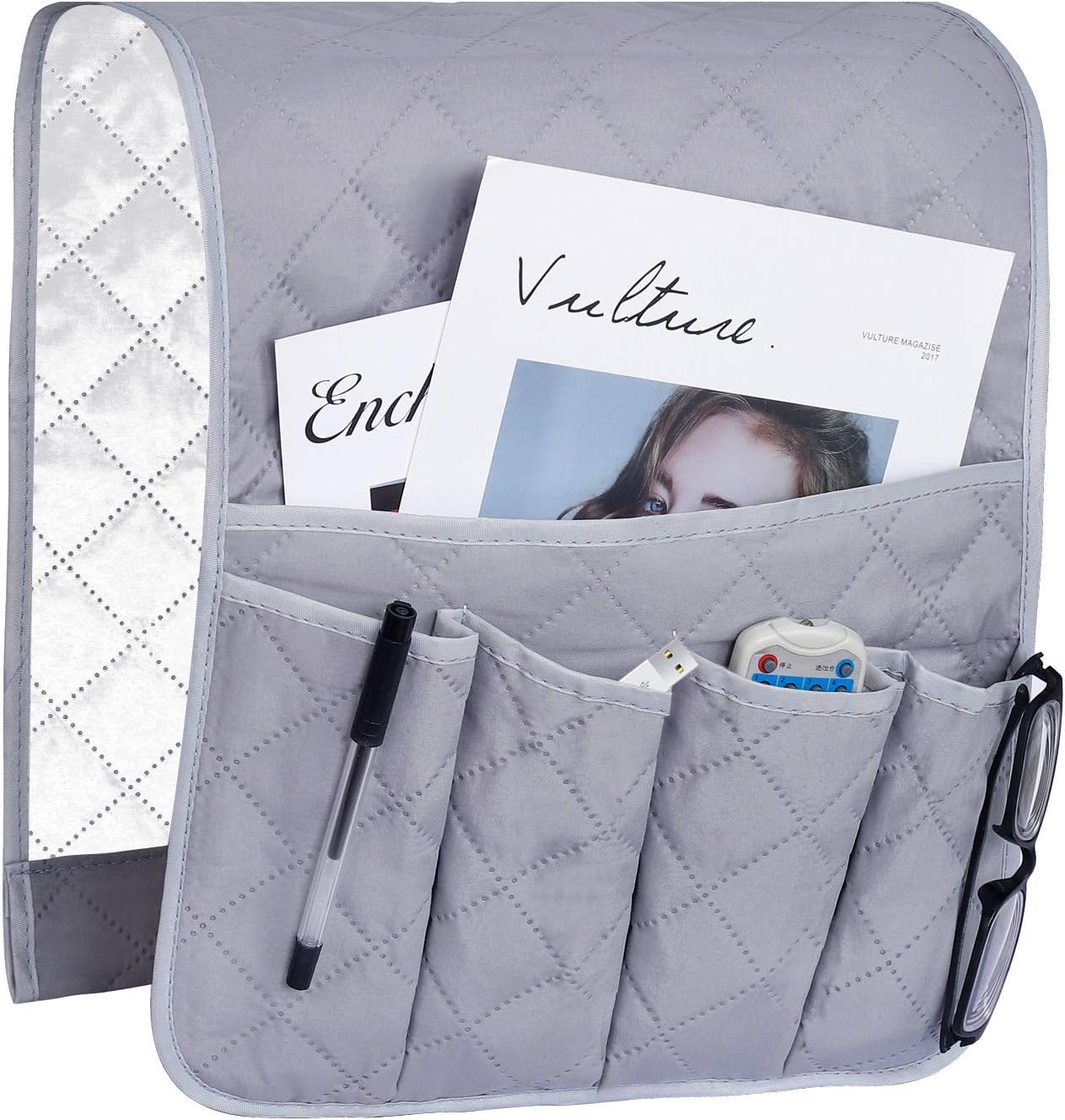 Organiseur pour Accoudoir de Fauteuil, Canapé Chaise Protetor Housse, Suspendre Poches Economie D'espace, Sac De Rangement Antidérapant pour Téléphone, Livre, Magazines, Télécommande TV, Gris