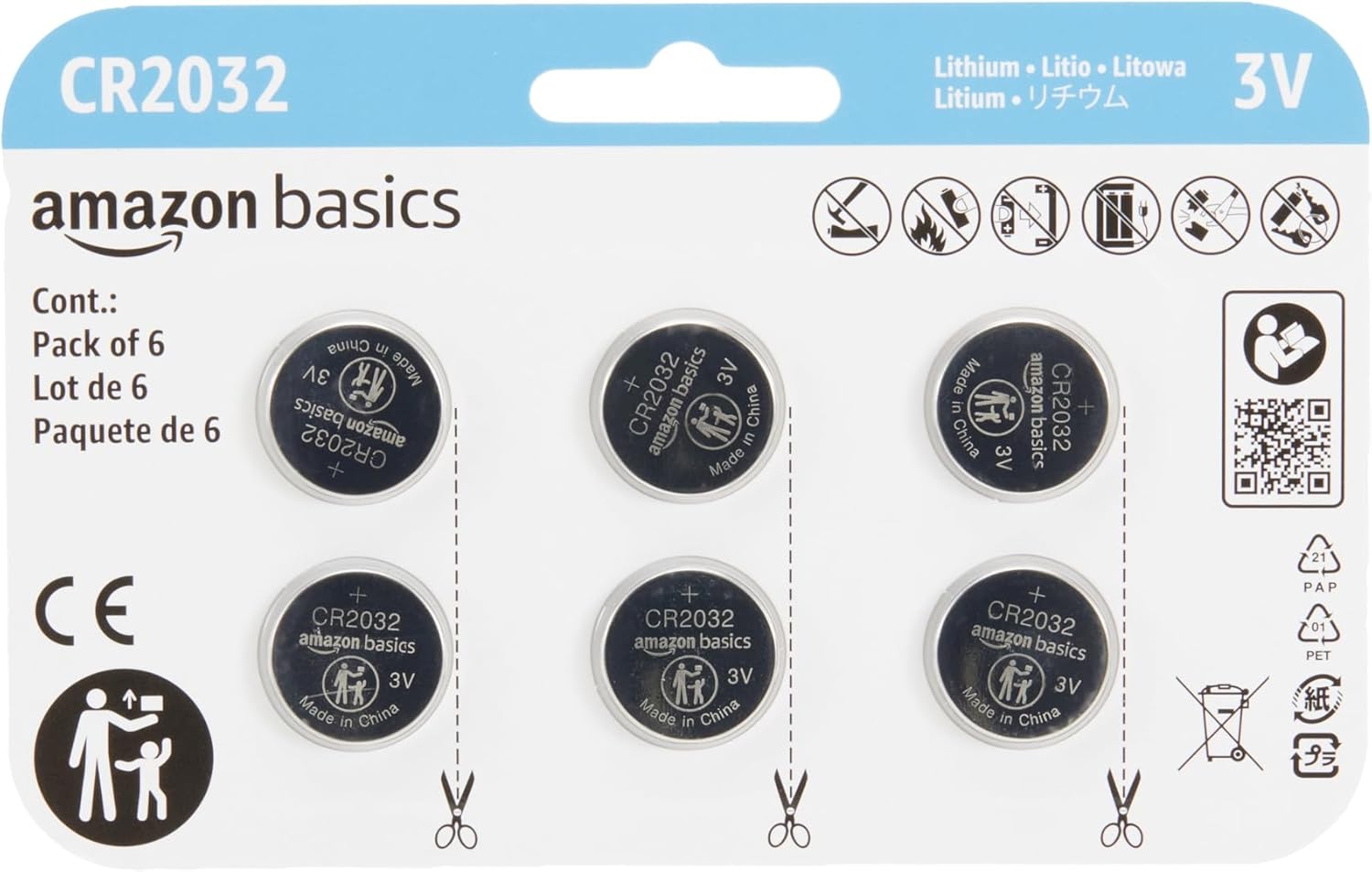 Amazon Basics Lot de 6 Piles bouton au lithium CR2032