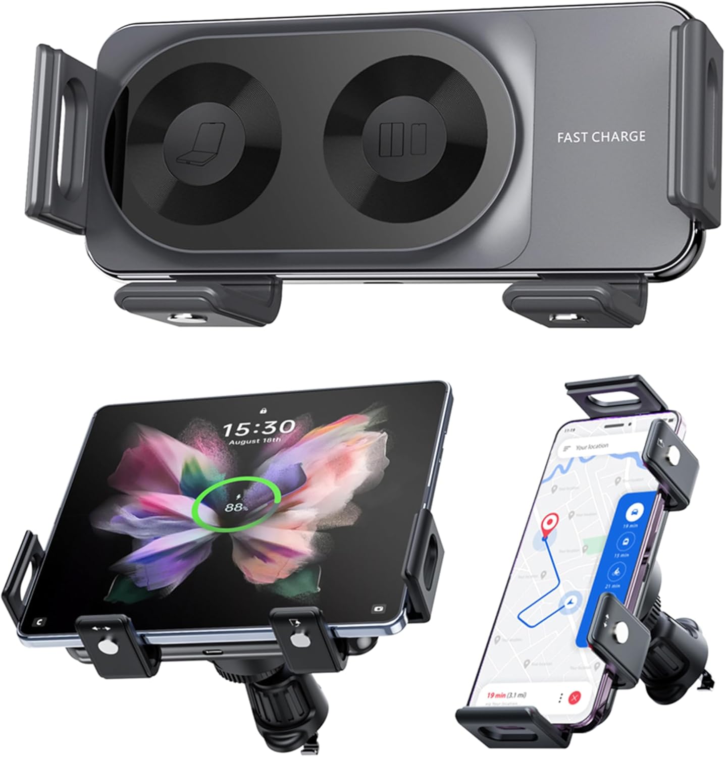Support de téléphone pour voiture à double bobine, chargeur sans fil voiture QI 15W, compatible avec Samsung Galaxy Z Fold/Flip 6/5/4/3, Support de capteur de téléphone portable pour Google 9 Pro Fold