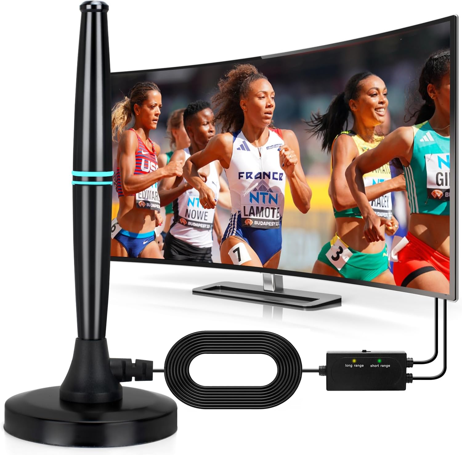 Antenne TV Intérieur Puissante TNT HD – 480KM Reception Longue Portée à 360° avec Base Magnétique, Amplicateur de Signal à Gain Élevé - pour 4K Ultra HD Chaînes Gratuites