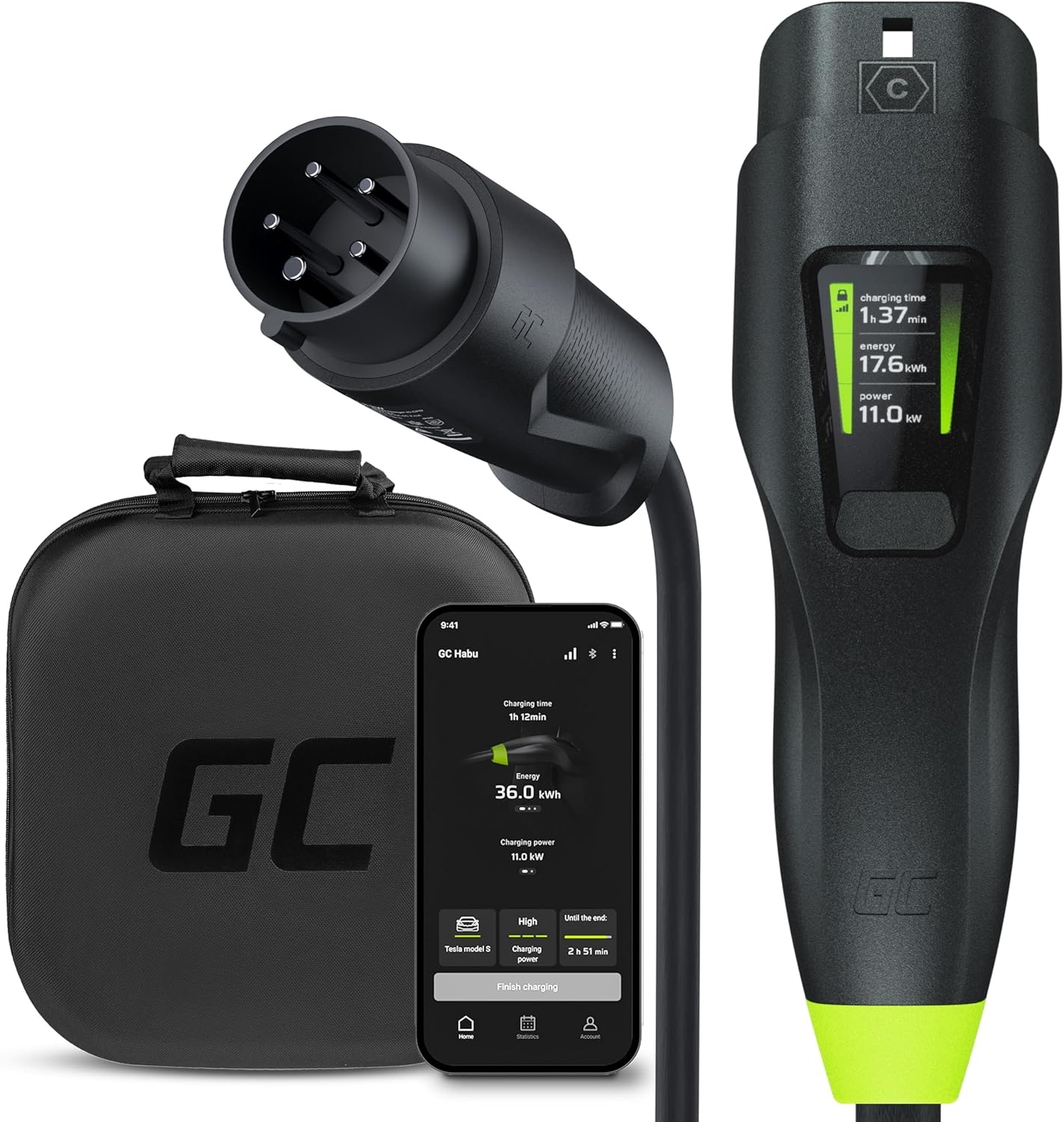 Green Cell Habu EV Chargeur Portable Wallbox 11kW 7m Type 2 à CEE 16A avec GC App Câble Recharge Voiture Électrique Compatible pour Model 3, Model Y, Model S, Model X, 500e, e-208, ID.4, ID.5, EV6