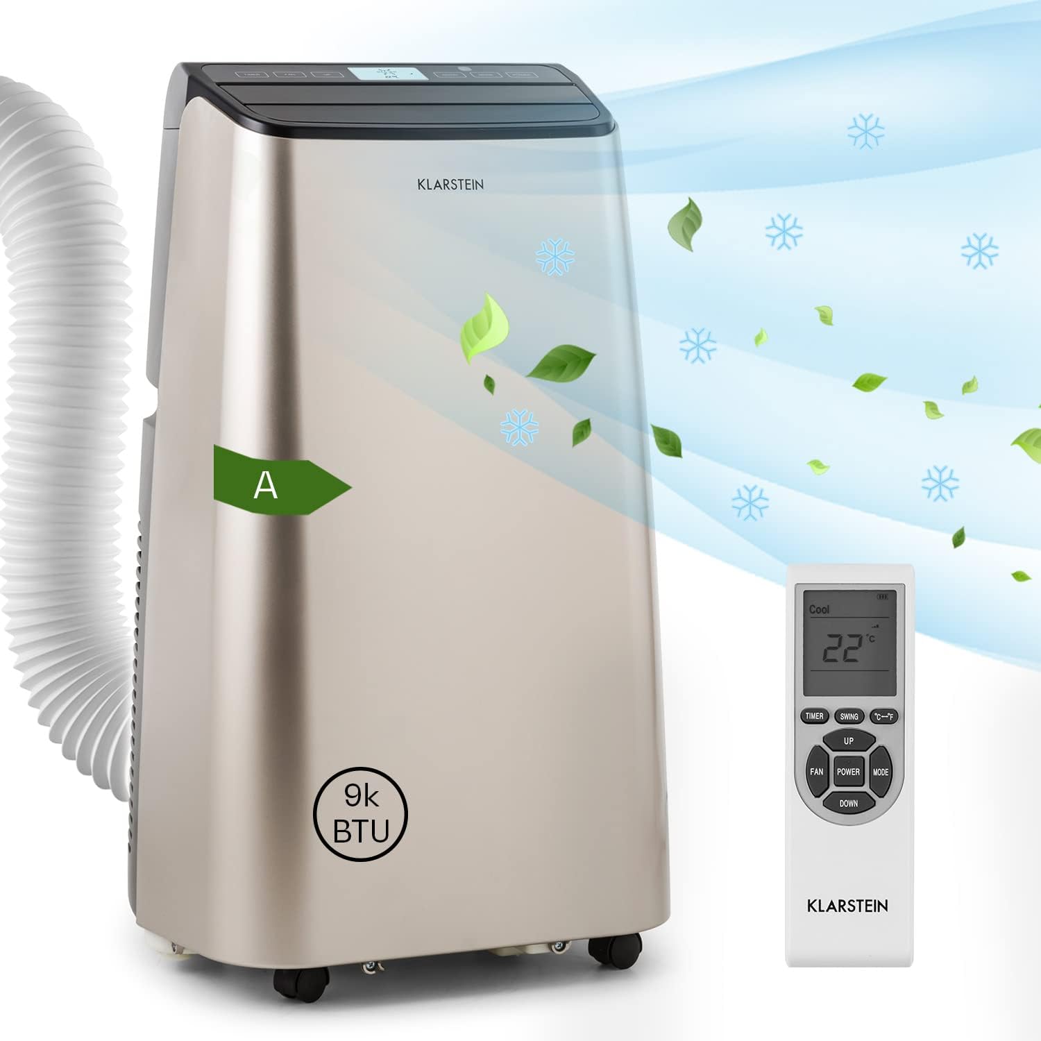 Klarstein Climatiseur Mobile Silencieux, 4 en 1, Mode Nuit, Déshumidificateur, Ventilateur, Mini Climatisation à Faible Conso, Evacuation, Clim Portable, Puissante, 9000 BTU,