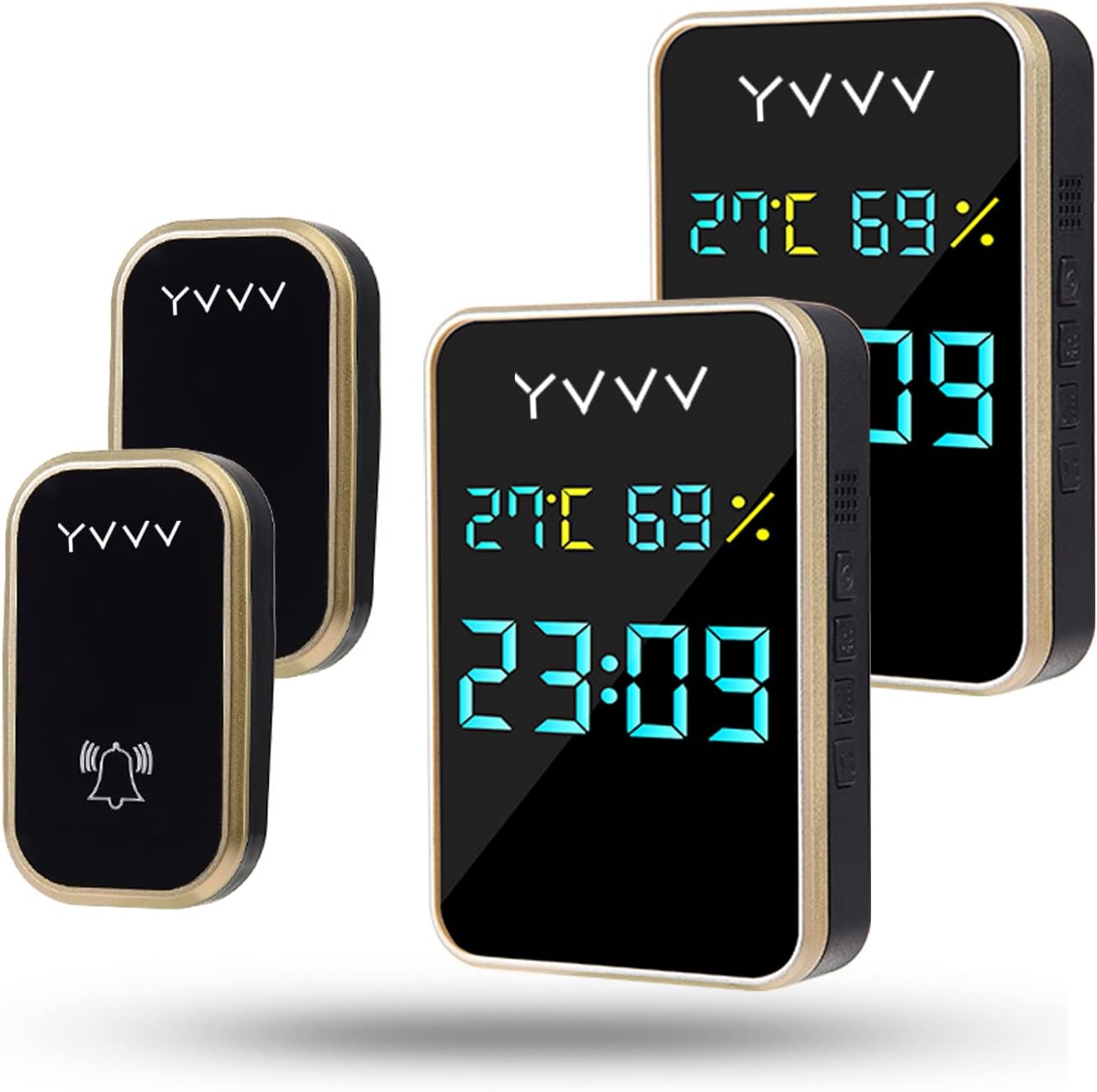 Sonette sans Fil Exterieure, Carillons Étanche sans piles requise, Sonnette équipée d'un capteur de température et d'humidité, temps d'affichage, Kit de 2 Carillon Étanche et 2 Récepteur Enfichables