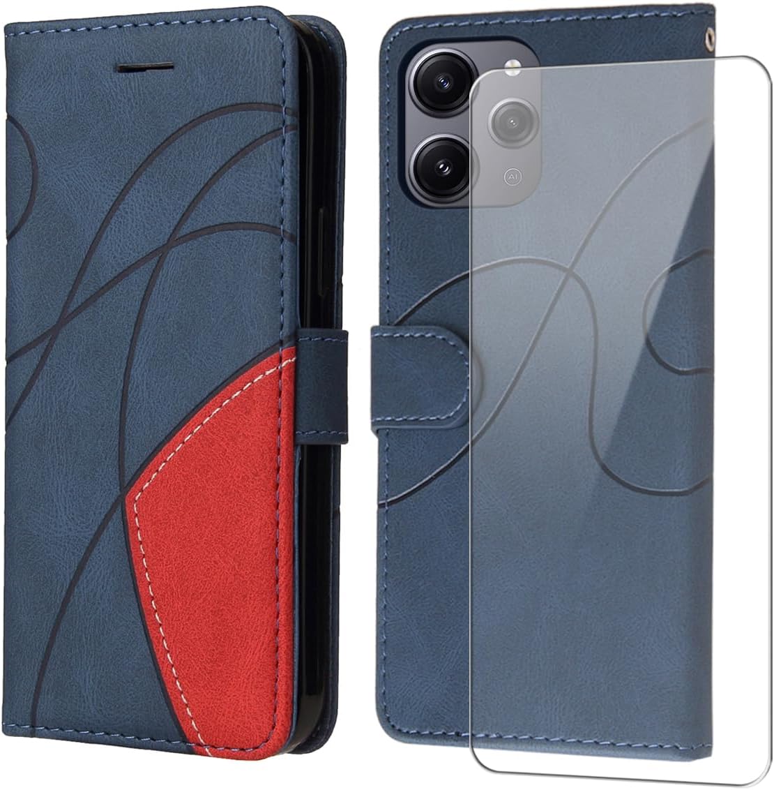 FHSYCR Coque pour Xiaomi Redmi 12 4G / 5G avec 1 Pièces Verre Trempé, Premium PU Cuir Multifonction Portefeuille à Rabat Antichoc Protection Étui Housse pour Xiaomi Redmi 12 4G / 5G - Bleu