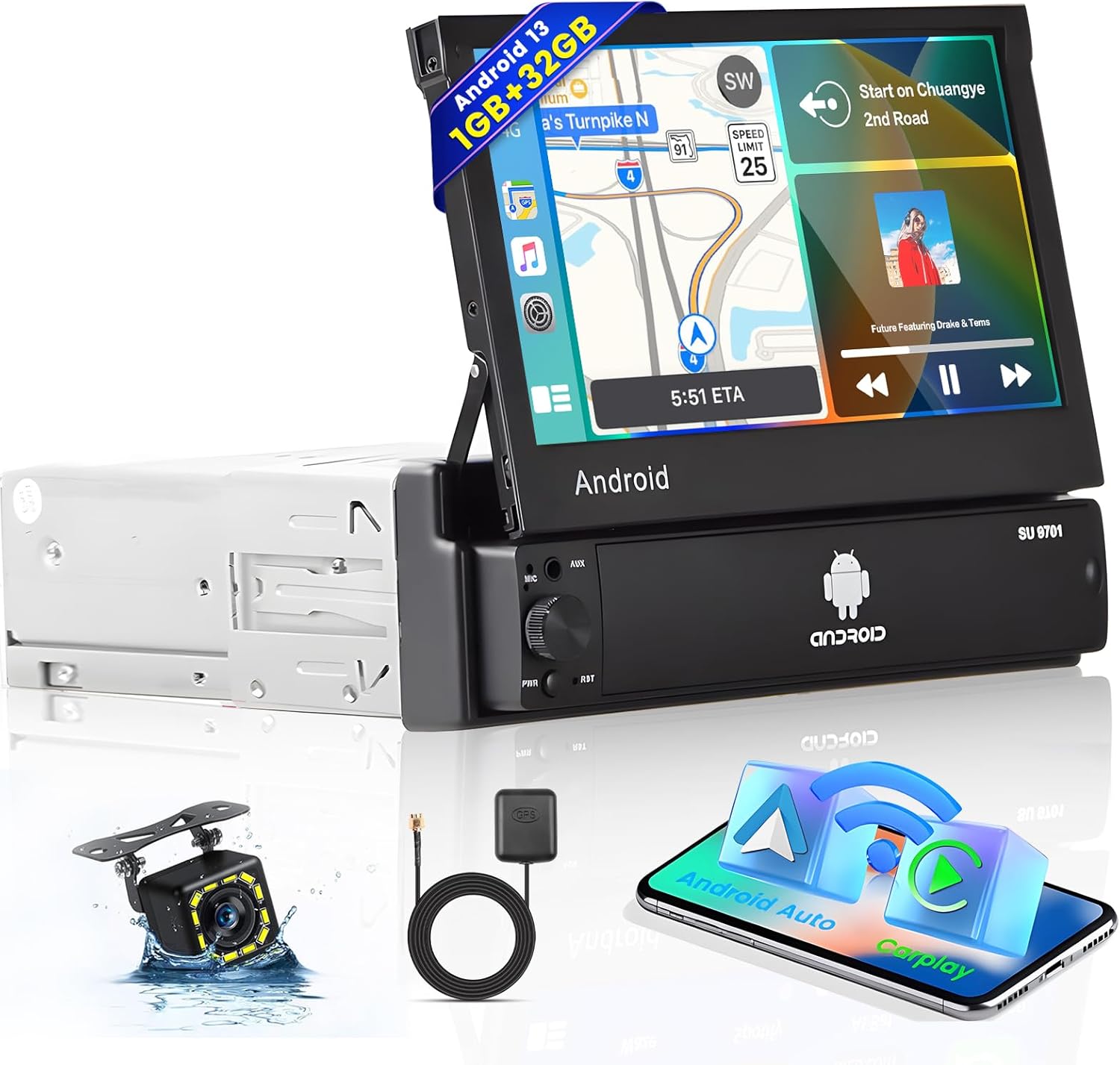 1G+32G Autoradio Android 1 DIN avec GPS WiFi Ecran Tactile Retractable 7 Pouces, Android Poste Radio Voiture Bluetooth Soporte AUX/SWC +Caméra de Recul