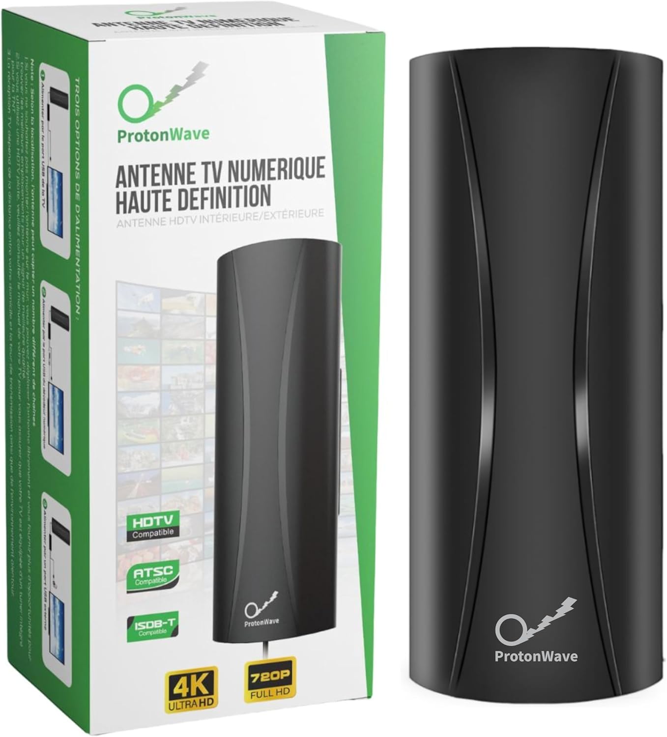 ProtonWave Antenne TV Intérieur/Extérieur Puissante - Récepteur TNT HD 4K 1080P Portable - Chaînes Gratuites - Antenne TV Camping Car avec Amplificateur de Signal 25dBi, Portée 1250 km