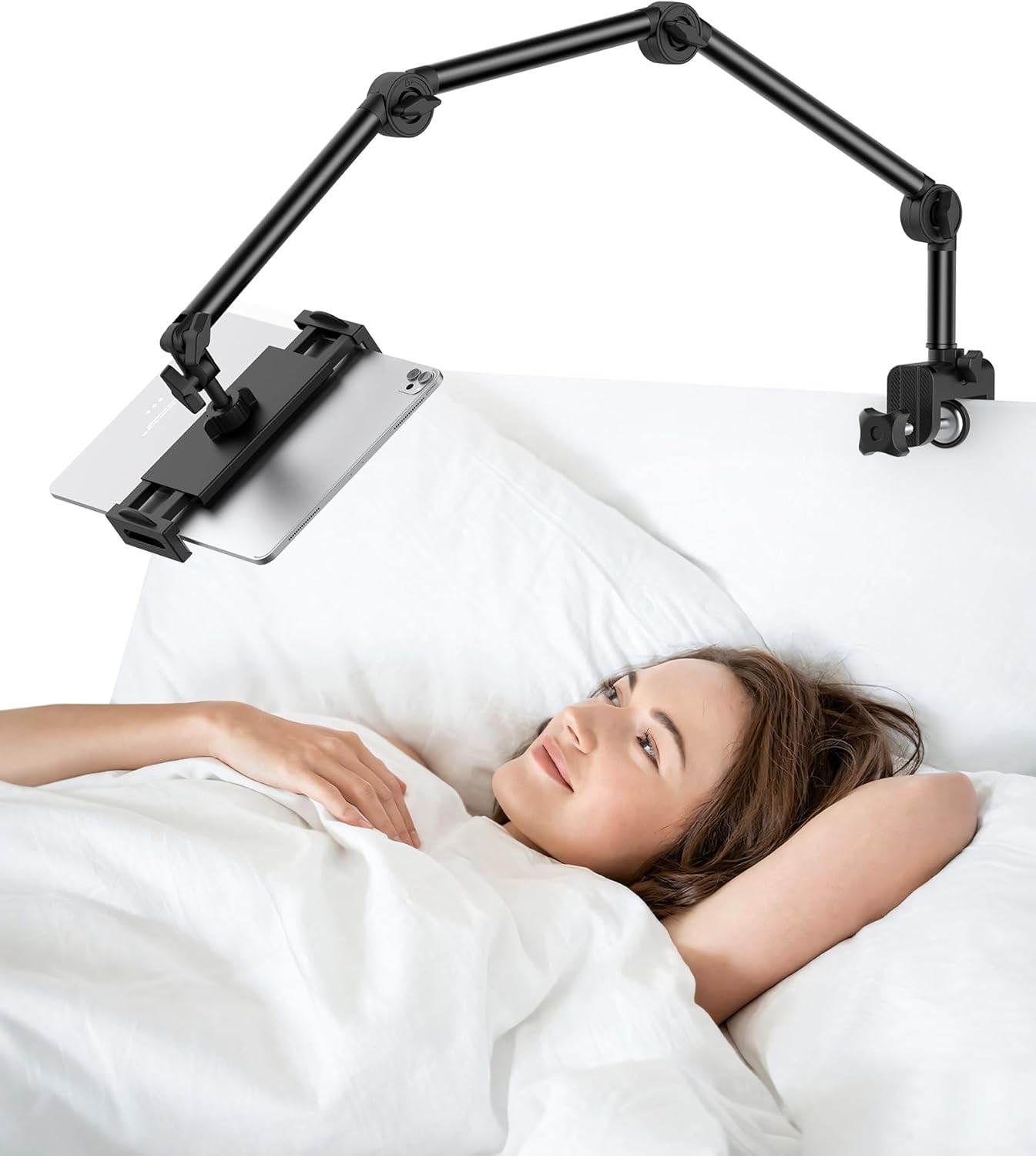 Jumkeet Support Tablette pour Lit, Support Réglable Rotatif à 360° avec Bras Stable, Support Pliable pour iPhone Samsung Smartphone Series/iPad/Nintendo Switch/Kindle ou Autres appareils 4,7 à 12,9"