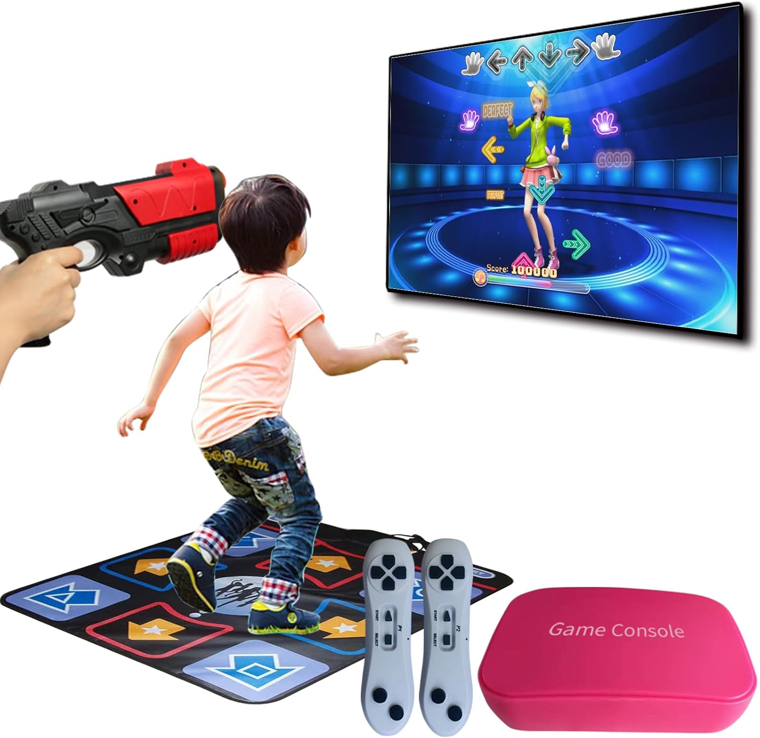Damcoola Console de jeu TV rétro avec 900 jeux - Système de jeu vidéo pour enfants et adultes - Avec jouet AR Gun Game Toy, 200 chansons de tapis de danse, prise TV Plug & Play, manette de jeu 2,4 G,