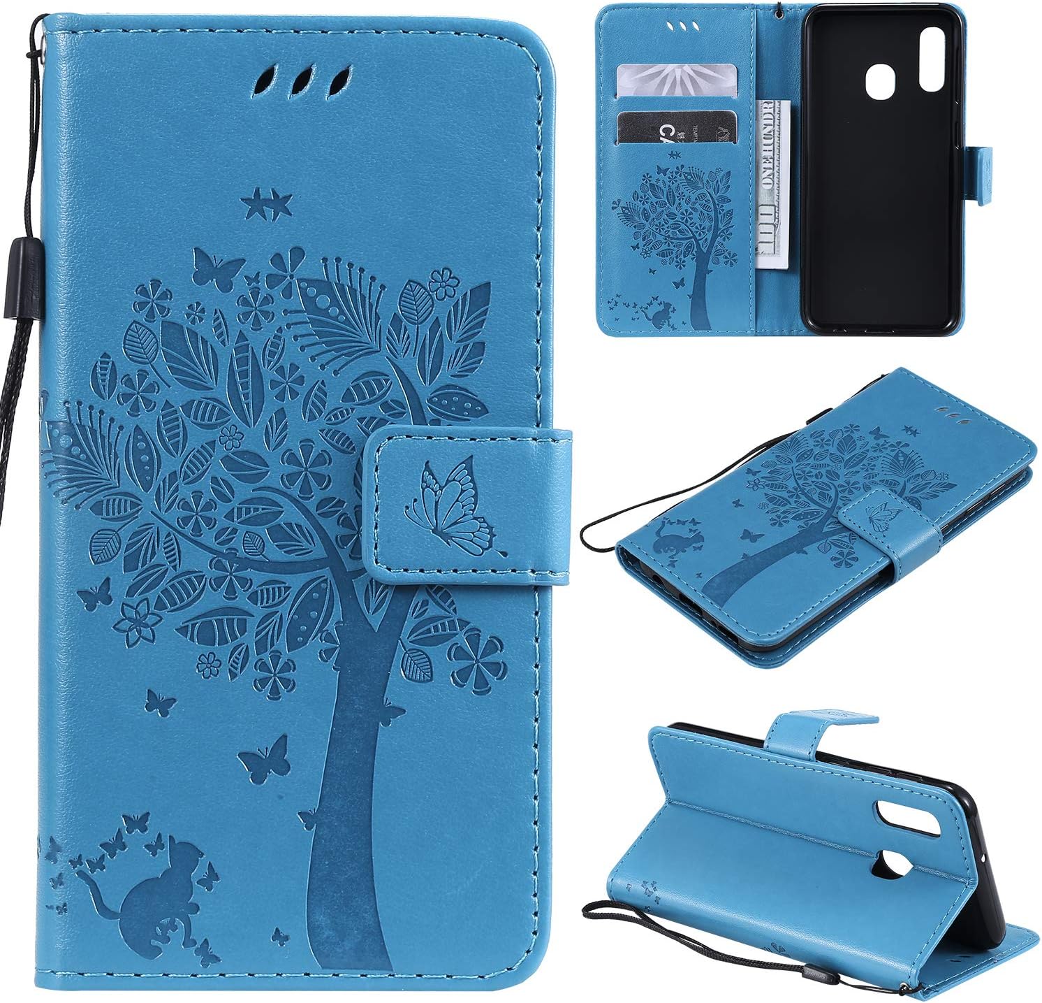 Fatcatparadise Coque pour Samsung Galaxy A20E/A10E, Etui Samsung A20E/A10E, Antichoc TPU Housse Cuir Flip Case Portefeuille Etui Rabat [Magnétique] Coque de Protection Fentes pour Cartes (Bleu)