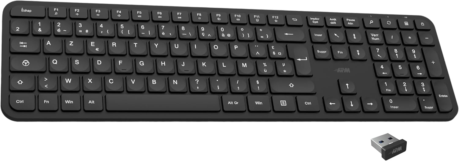 APM Clavier Slim sans-Fil, Récepteur 2.4 GHz, Extra-Fin, Clavier Français AZERTY, Conception Minimaliste, Compatible avec PC Mac Ordinateur Portable, 100044