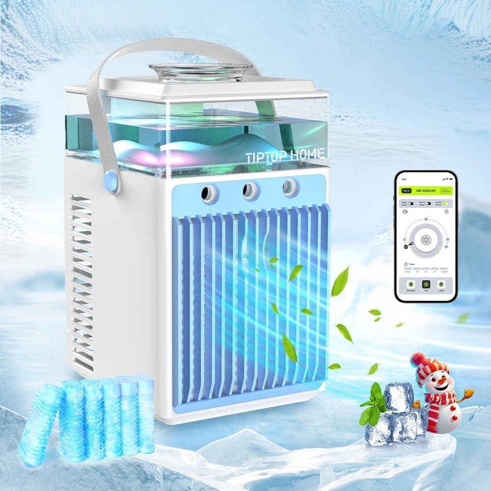 Climatiseur Portable, USB Mini Climatiseur Mobile Brume fraîche Refroidisseur d'air, 5 en 1 Ventilateur Humidificateur Climatiseur Mobile sans Évacuation, 800ML Air Cooler Fan Écologique et Silencieux