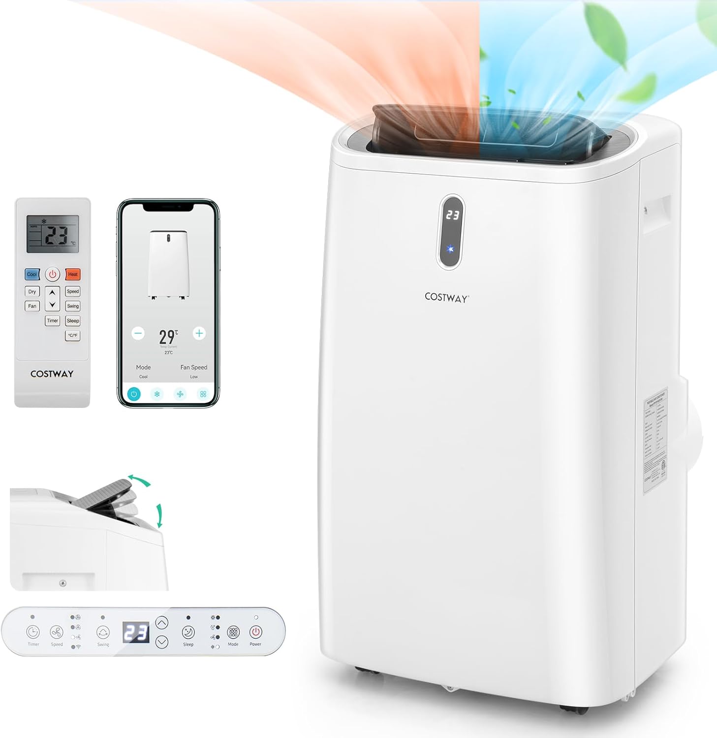 COSTWAY Climatiseur Mobile Silencieux 16000BTU, 5 EN 1,Refroidissement,Chauffage,Ventilateur,Déshumidificateur,Mode Nuit,Climatisation Rapide,Clim Mobile