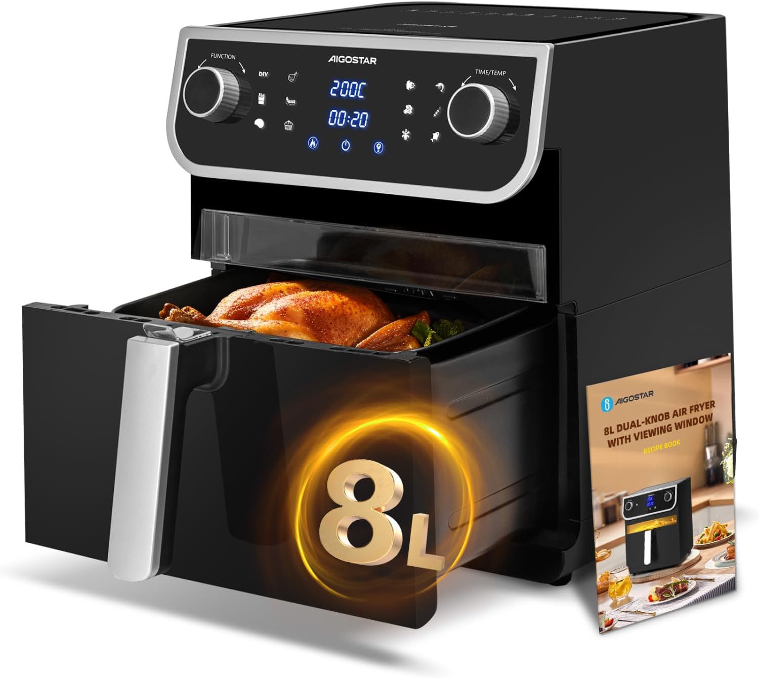 Aigostar Air Fryer XXL 8L, Friteuse à air avec 12 Prédéfinies, Conception à double bouton, Fenêtre visible, 1700 W, Écran tactile LED, Double utilisation avec panier ou tiroir