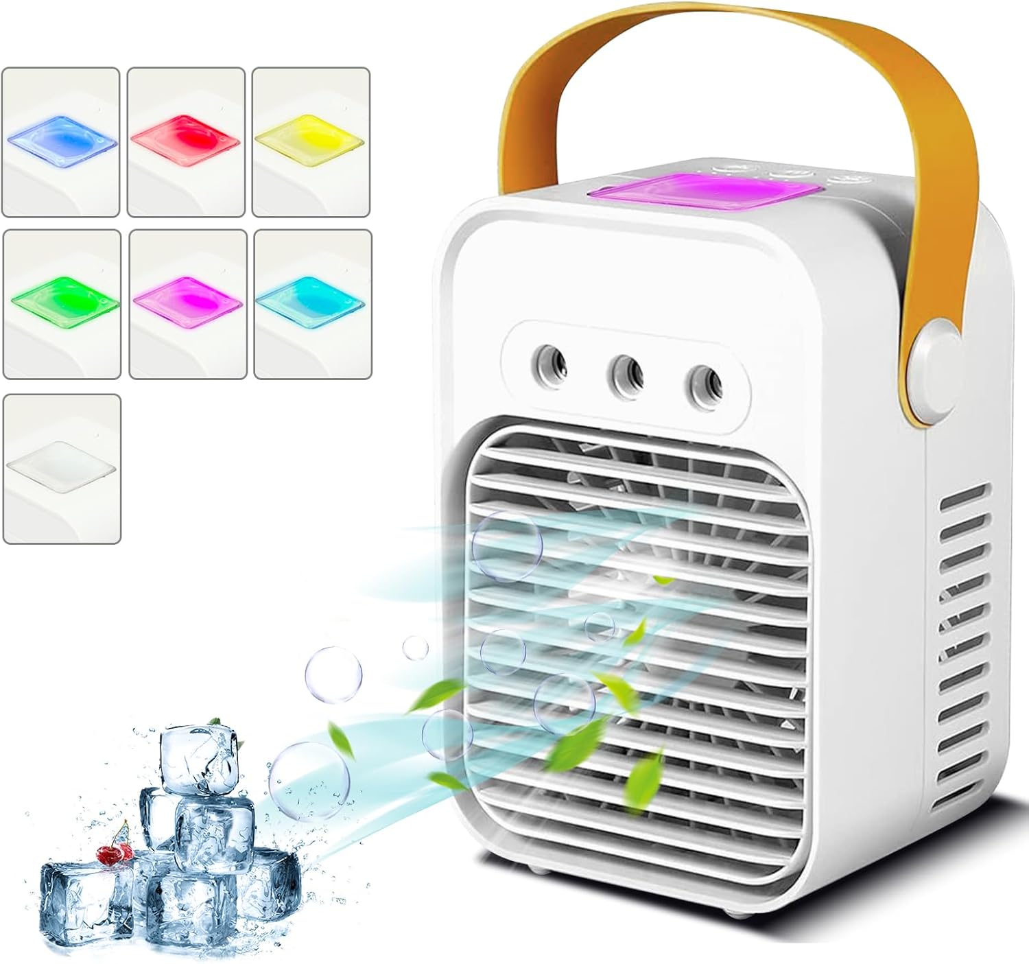 Mini Refroidisseur d'air Portable, 200ML Mini Climatiseur e Humidificateur avec 3 Modes, Evaporation Automatique 2H, 7 LED Couleurs