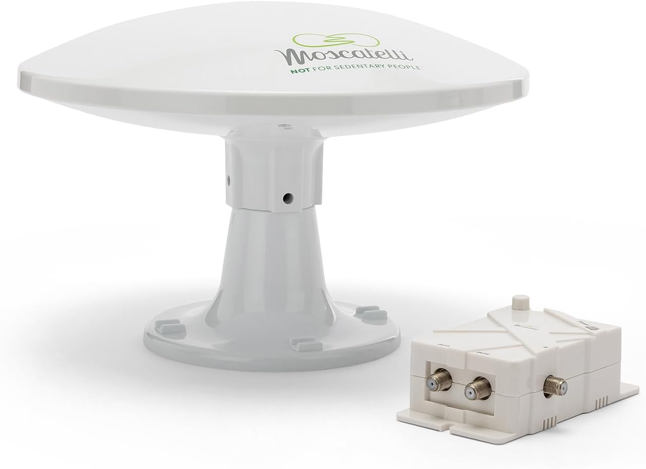 MOSCATELLI Antenne Omnidirectionnelle Terrestre TNT HD - DVB-T/T2 – Dab – 12/24/220 V – Kit Complet avec Câbles et Puissant Amplificateur pour Camping Car, Caravane, Fourgon, Camion, Bateau