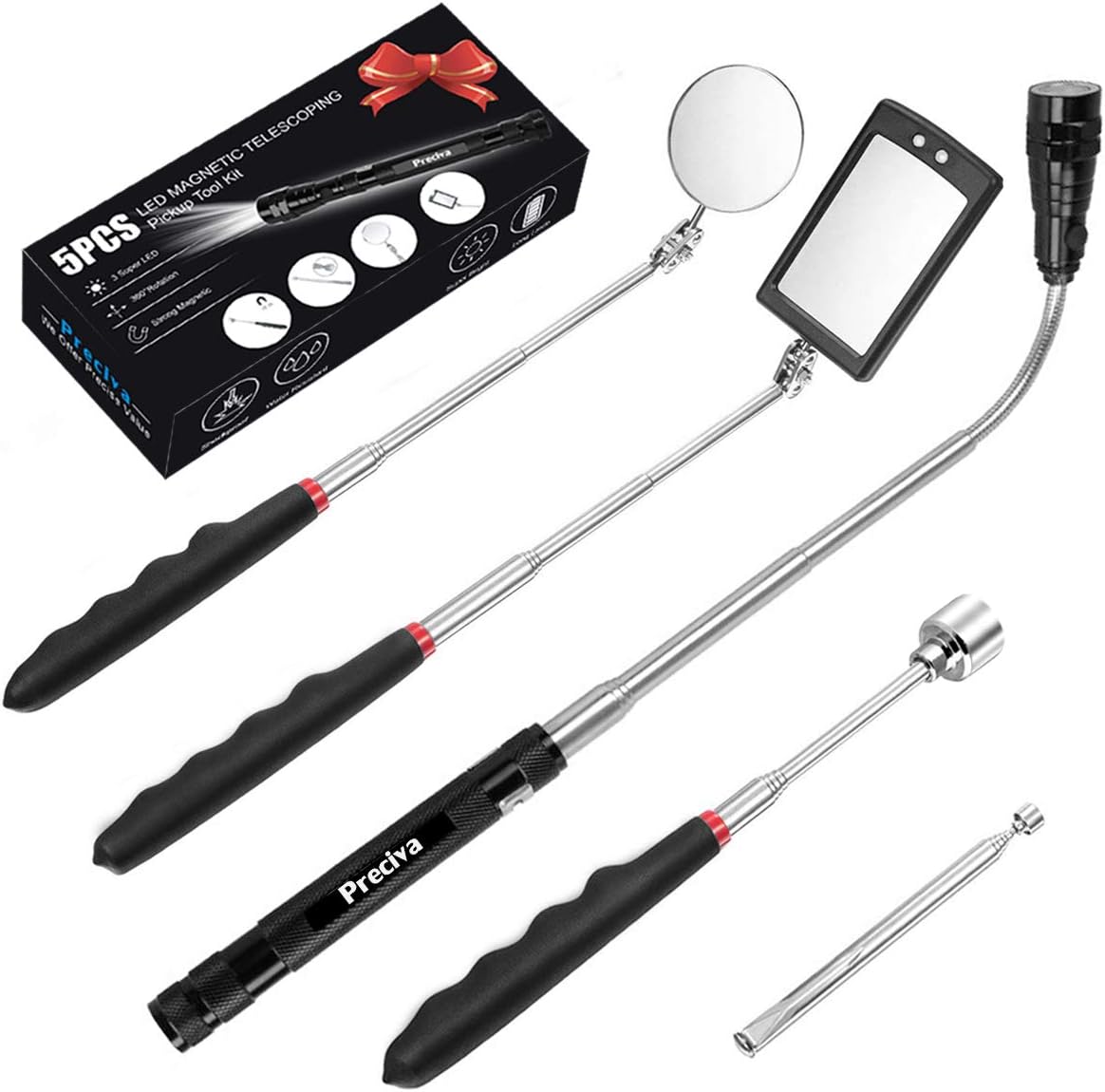 5 PCS Outil de Préhension Magnétique Télescopique pour Ramassage avec LED, Comprenant 15lb/1lb Outil de Ramassage/Rond/Carré Miroir d'Inspection/Poignée Télescopique Pivot 360°, 4 Batteries(Cinq kit)