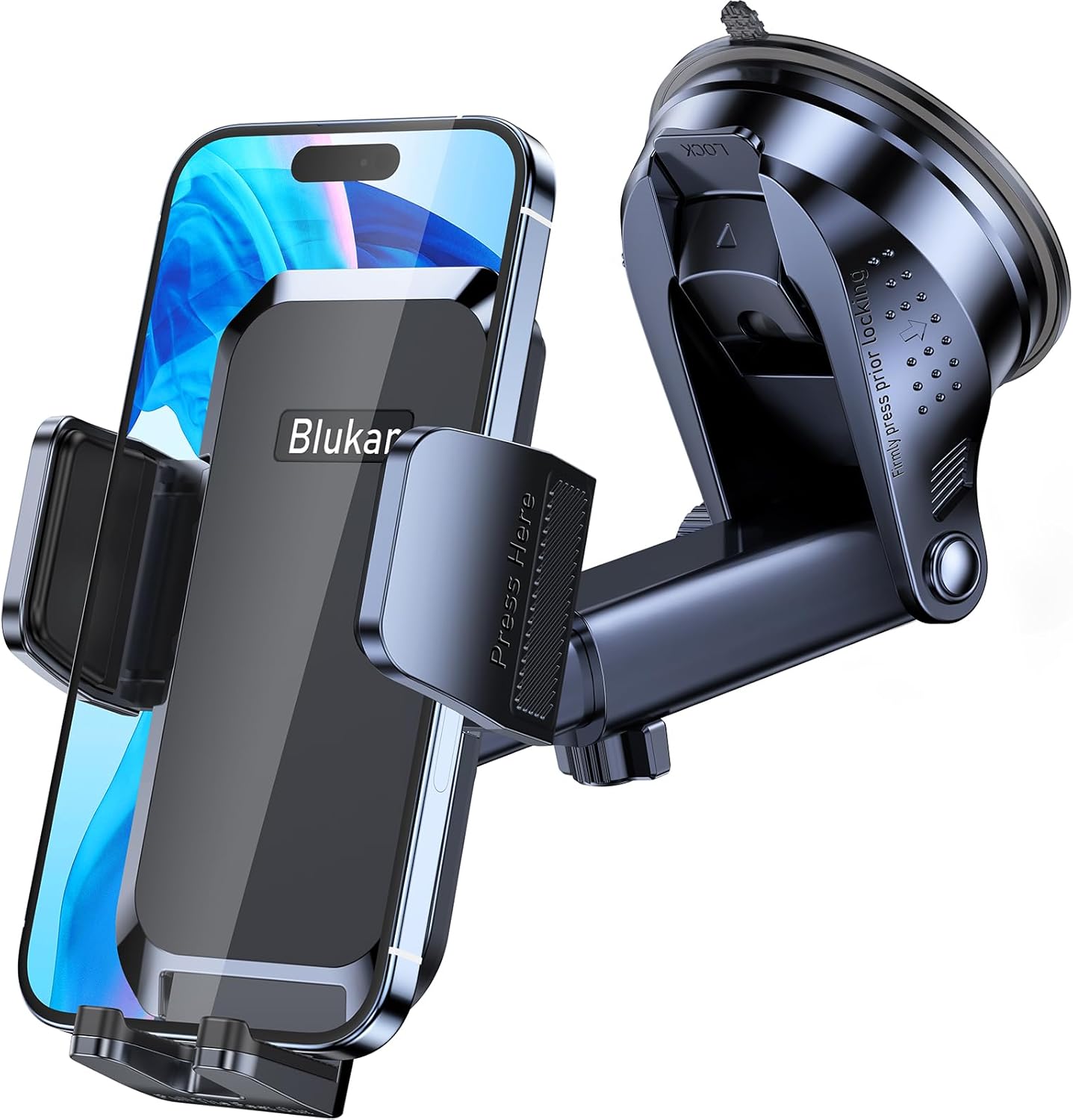 Blukar Support Téléphone Voiture, Porte Téléphone Voiture Ventouse Universel Réglable, Rotation 360°& Ventouse Améliorée & Un Bouton de Libération pour Smartphone/GPS 4,0-7,0 Pouces - Noir