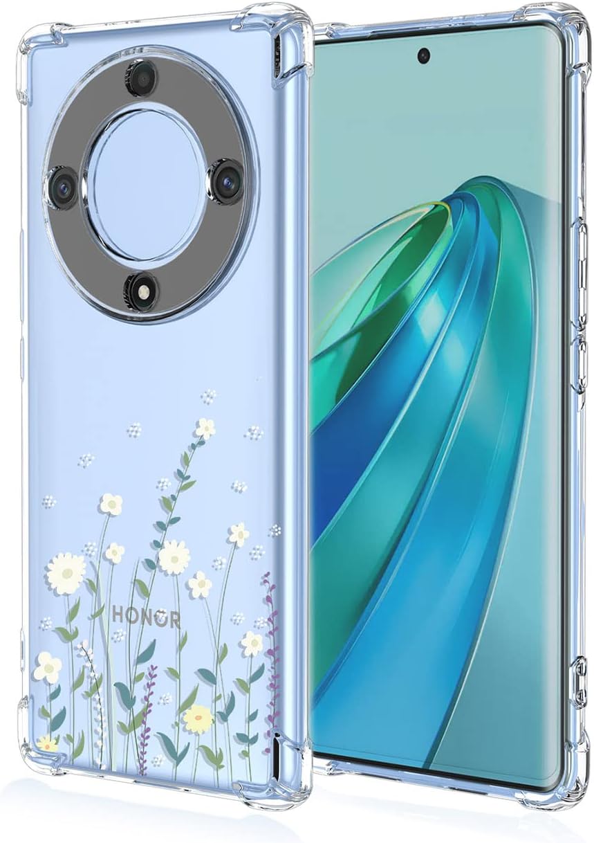 BORYA Transparent Coque pour Honor Magic 5 Lite 5G (Magic5 Lite), Très Mince Antichoc Premium Silicone TPU Housse, Souple Soyeux Étui avec Élégant Simple Motif, Fleurs Blanches