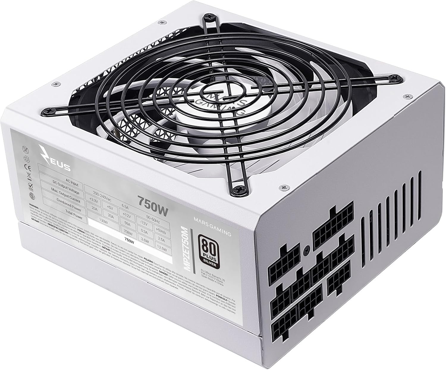 Mars Gaming MPZE750M, Alimentation ATX Modulaire 750W, Garantie 10 Ans, 80Plus Silver +87% d'efficacité, Ventilateur FDB AI-RPM 140mm, Technologies DC-DC et SMD, Condensateurs Japonais 105º, Blanc