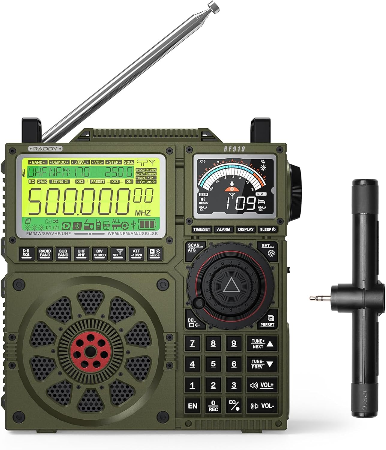 Radio à Ondes Courtes Raddy RF919 SSB, récepteur Mondial FM AM SW VHF UHF AIR CB et SSB Pleine Bande, avec Tuner d'antenne, 3 Ports d'antenne externes, Batterie Rechargeable 5000 mAh, Prise Casque