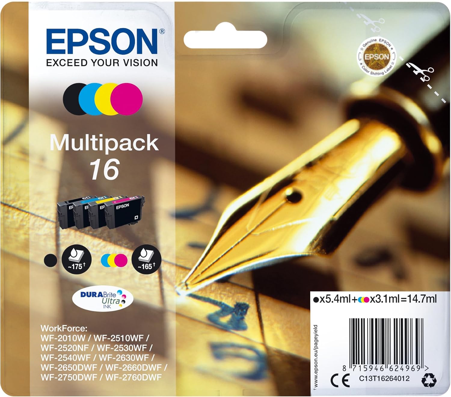 Epson Multipack 16 Stylo Plume, Cartouches d'encre d'origine, 4 couleurs: Noir, Cyan, Magenta, Jaune, WF-2010W WF-2510WF WF-2530WF WF-2540WF WF-2630WF WF-2650DWF WF-2750DWF WF-2660DWF WF-2760DWF