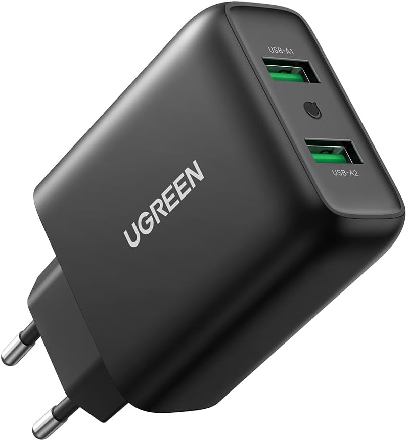UGREEN 18W Quick Charge 3.0 Chargeur Secteur USB 2 Ports Compatible avec Galaxy S10 S9 A50 A20e, Redmi Note 10 Pro 9 Tablettes Smartphones