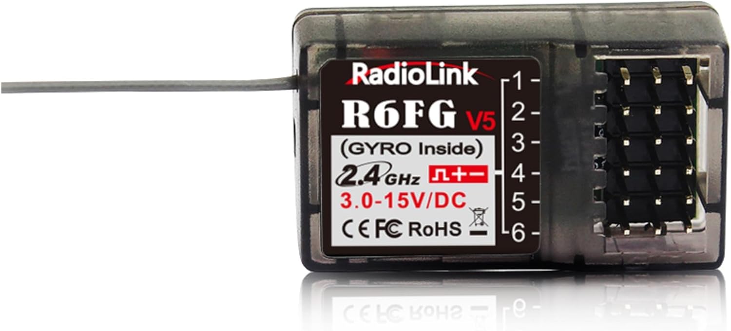 Radiolink R6FG Récepteur RC 2,4 GHz Gyro-intégré 6 canaux Grande portée jusqu'à 400 m Compatible avec RC6GS V3/RC4GS V3/T8FB/T8S/RC8X/T16D/T12D