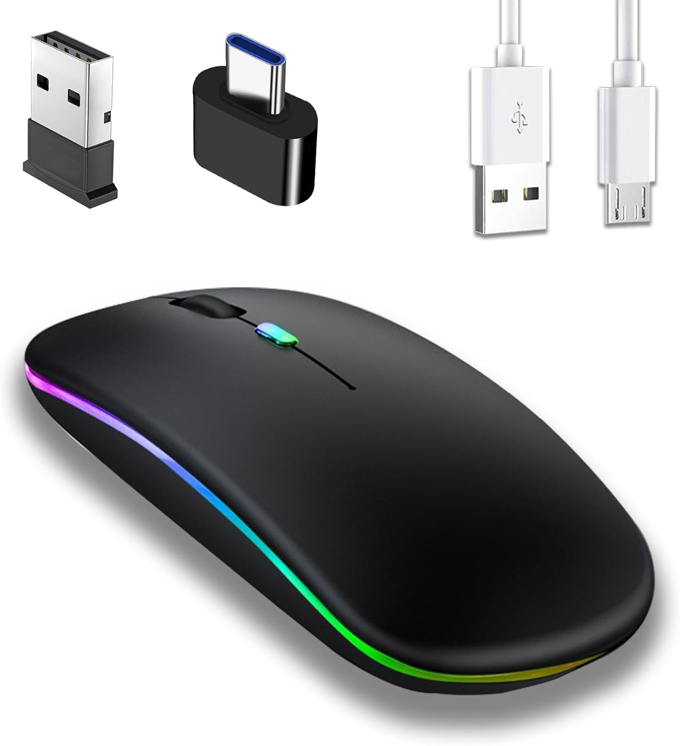 Jinpojun Souris sans Fil Rechargeable, Souris Rétroéclairée de 7 Couleurs avec Bluetooth + 2.4G Deux Modes, Souris Gaming Compatible avec Ordinateur Portable, PC, Ordinateur, Chromebook, Notebook