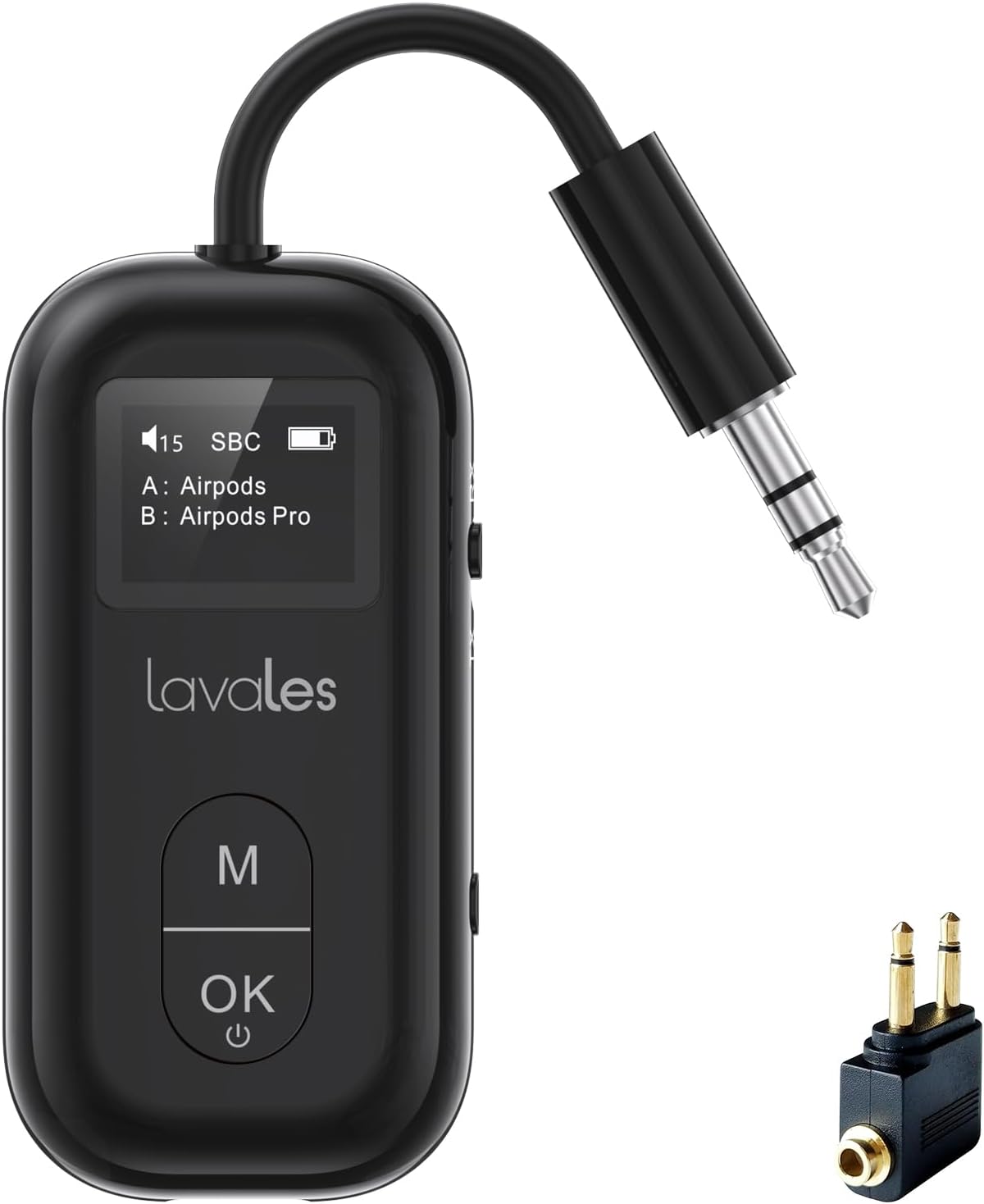 Lavales SafeFly Pro - Transmetteur Recepteur Avion Bluetooth 5.3 Premium pour 2 AirPods ou Casques, aptX Low Latency, Adaptateur Bluetooth Audio 3,5 mm AUX avec Écran OLED pour Avion, TV, Gym