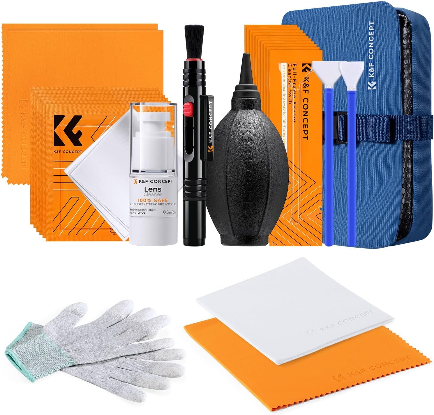 K&F Concept Kit de Nettoyage Photo : Poire Soufflante + Stylo + 2 Styles de Chiffon + Écouvillons pour Capteur APS-C/APS Full Frame + Gants Anti-Statique + Liquide Nettoyant + Sac (23 en 1)