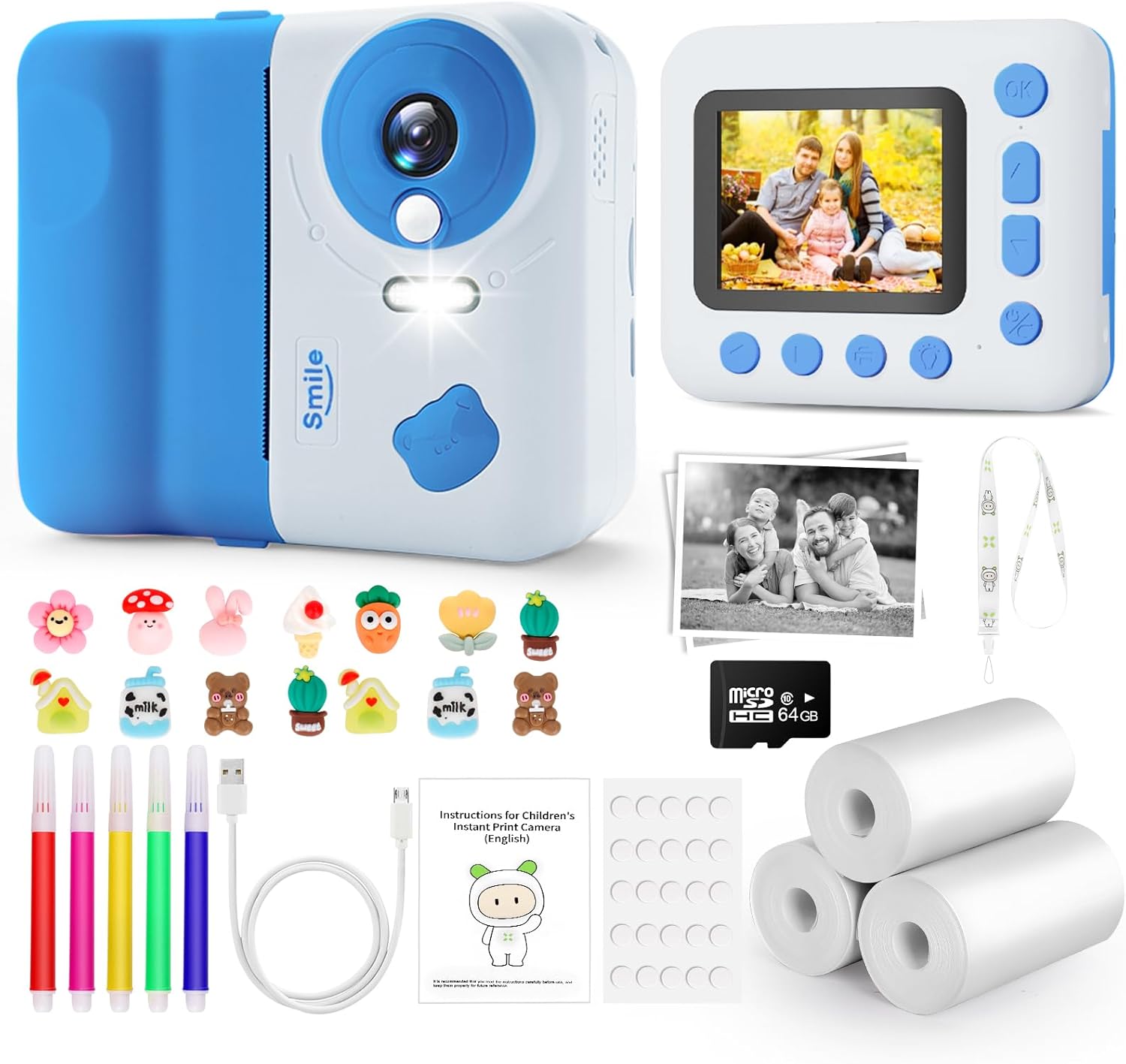 IEEILULU Appareil Photo Instantané Enfant, 2,4" Écran 48MP 1080P Appareil Photo Numérique Enfant, Appareil Photo Imprimante Enfant avec Carte 64GB, Noël Anniversaire Cadeau pour Filles Garçons