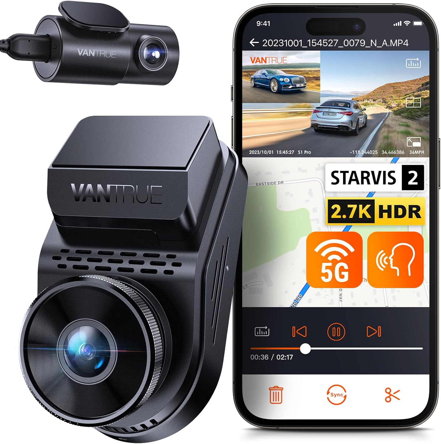 VANTRUE S1 Pro 2.7K+1080P HDR Dashcam Voiture Avant Arriere, STARVIS 2, 5GHz WiFi GPS Caméra Embarquée Infrarouge, Support LTE, Contrôle Vocal en Français, 24h. Mode Parking Tampon, Max 512Go