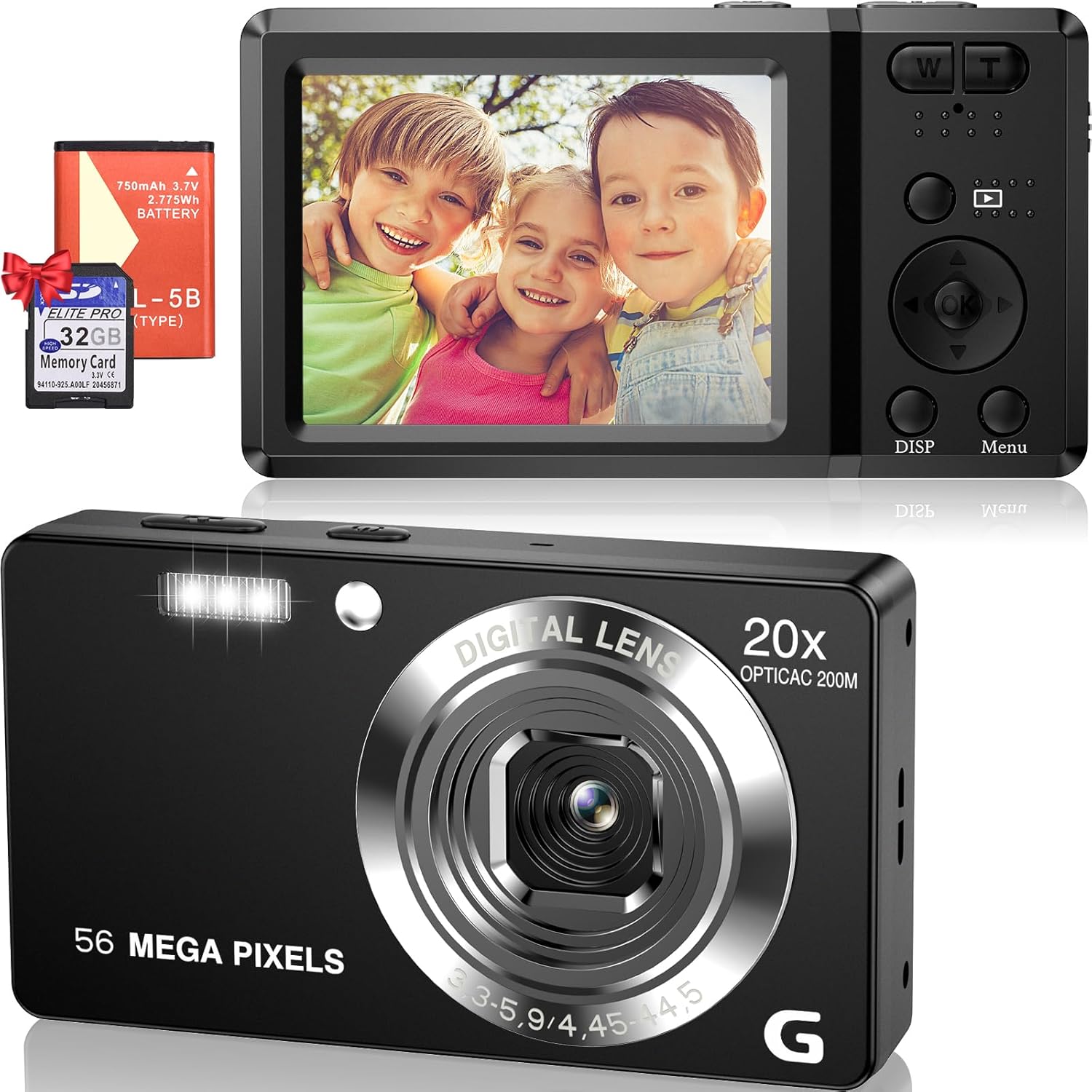 Appareil Photo Numérique 56MP 4K HD Compact Caméra Enfant avec Carte 32Go Zoom Digital 20X Écran 2,7 Pouces Appareil Photo Adolescent Rechargeable Portable pour Étudiant, Adulte, Débutant Cadeau