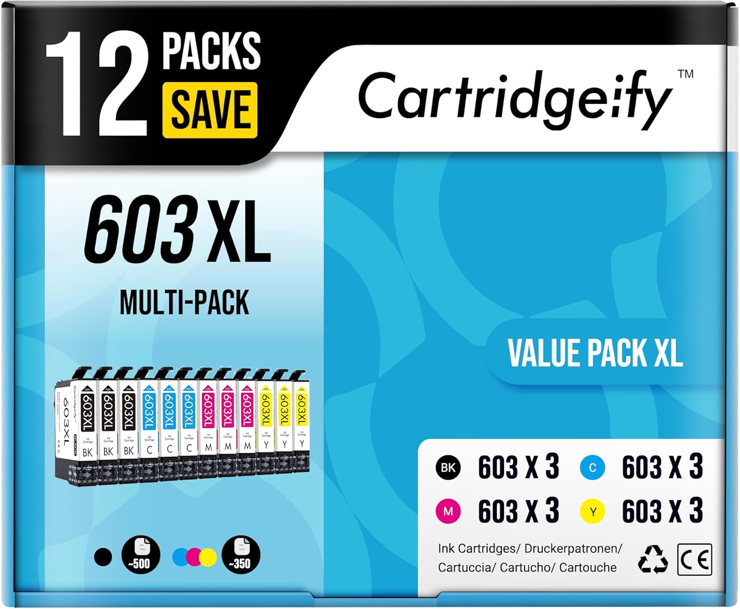 Cartridgeify 603 XL Compatible avec Cartouches Epson 603 603XL Multipack (12-Pack), pour Expression Home XP-2100 XP-2105 XP-3100 XP-3105 XP-3150 XP-4100 XP-4150, Workforce WF-2810 WF-2830 WF-2850