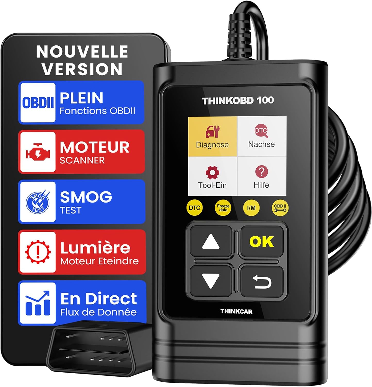 thinkcar OBD 100 Scanner Auto Diagnostic OBD2 / EOBD/Can pour Lire et Effacer Les Codes d’Erreur du Moteur, Testeur d'EVAP et de Capteur d'O2 avec Recherche de Définition de Code Adapté Gris (Gris)