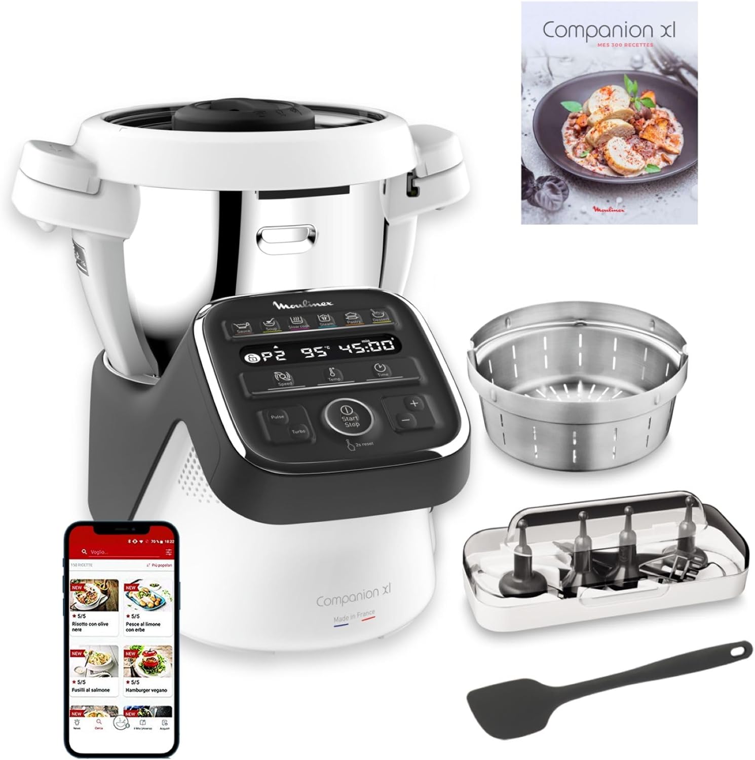 Moulinex Companion XL Robot cuiseur multifonction, 4,5 L, 14 modes de fonctionnement, 1550 W, Recettes illimitées, Silencieux, Fabriqué en France, Gris ardoise HF80C800