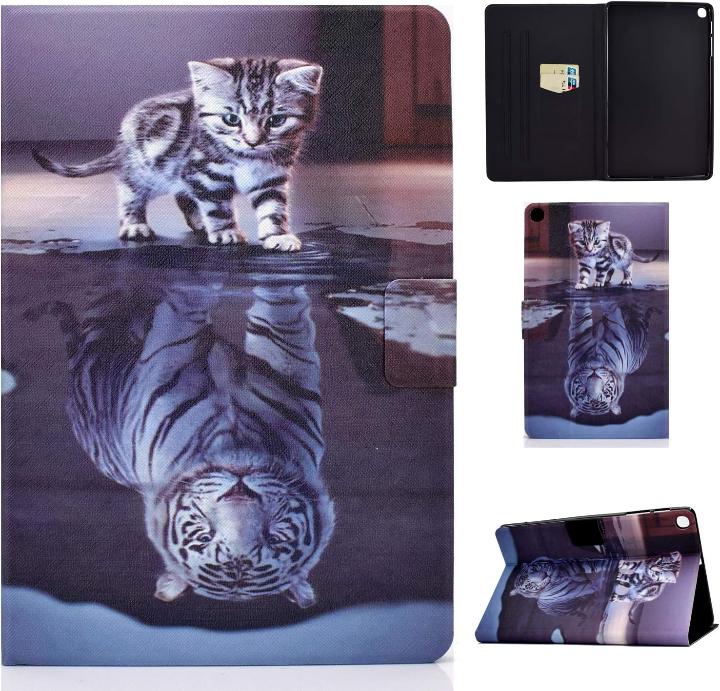 Succtop Etui Galaxy Tab A 10.1 2019 T510/T515, Cuir PU Flip Stand Portefeuille Housse Galaxy Tab A 10.1 T510 Fente Carte Coque pour Samsung Galaxy Tab A 10.1 2019 SM-T510/SM-T515, Chat et Tigre