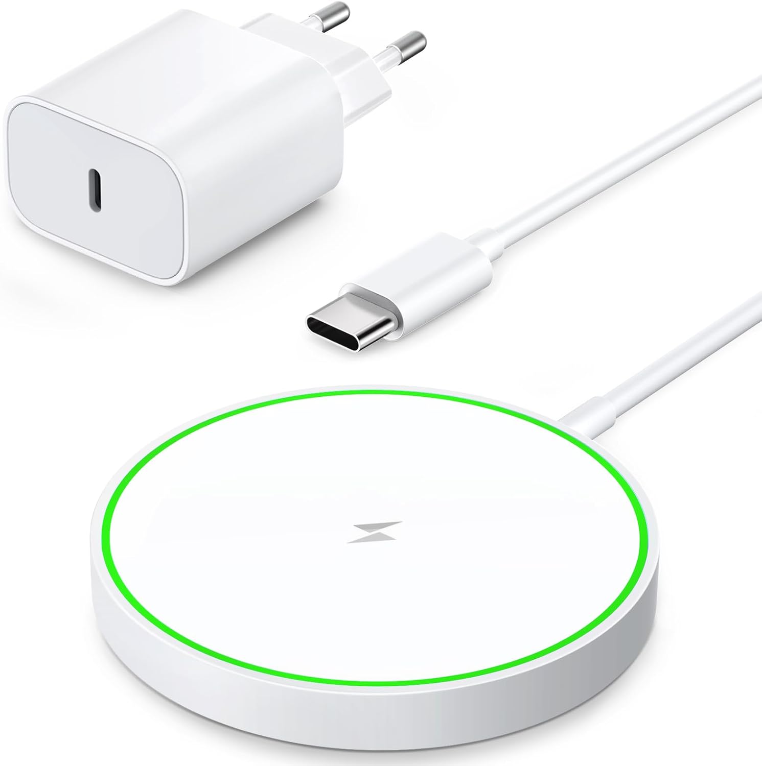 AMSKY Magnétique Chargeur Induction pour iPhone, 15W Rapide Chargeur Compatible avec Magsafe Apple, Blanc Chargeur sans Fil pour iPhone et Airpods, Station de Charge pour Apple, avec PD 20W Prise