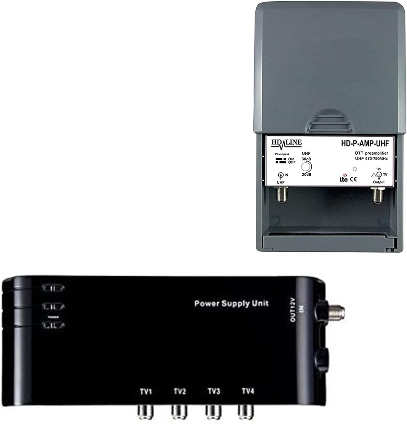 Kit préamplificateur HD-LINE 4/1 TV amplificateur + Alimentation 4 Sorties TV pour antenne terrestre TNT