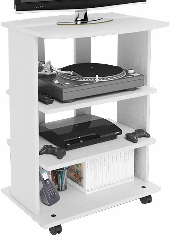 BAKAJI Meuble TV en Bois MDF avec 3 étagères, Porte Console de Jeux DVD et 4 Roues, Meuble Panier pour télévision, Design Moderne, Dimensions 60 x 45 x 80,5 cm (Blanc)